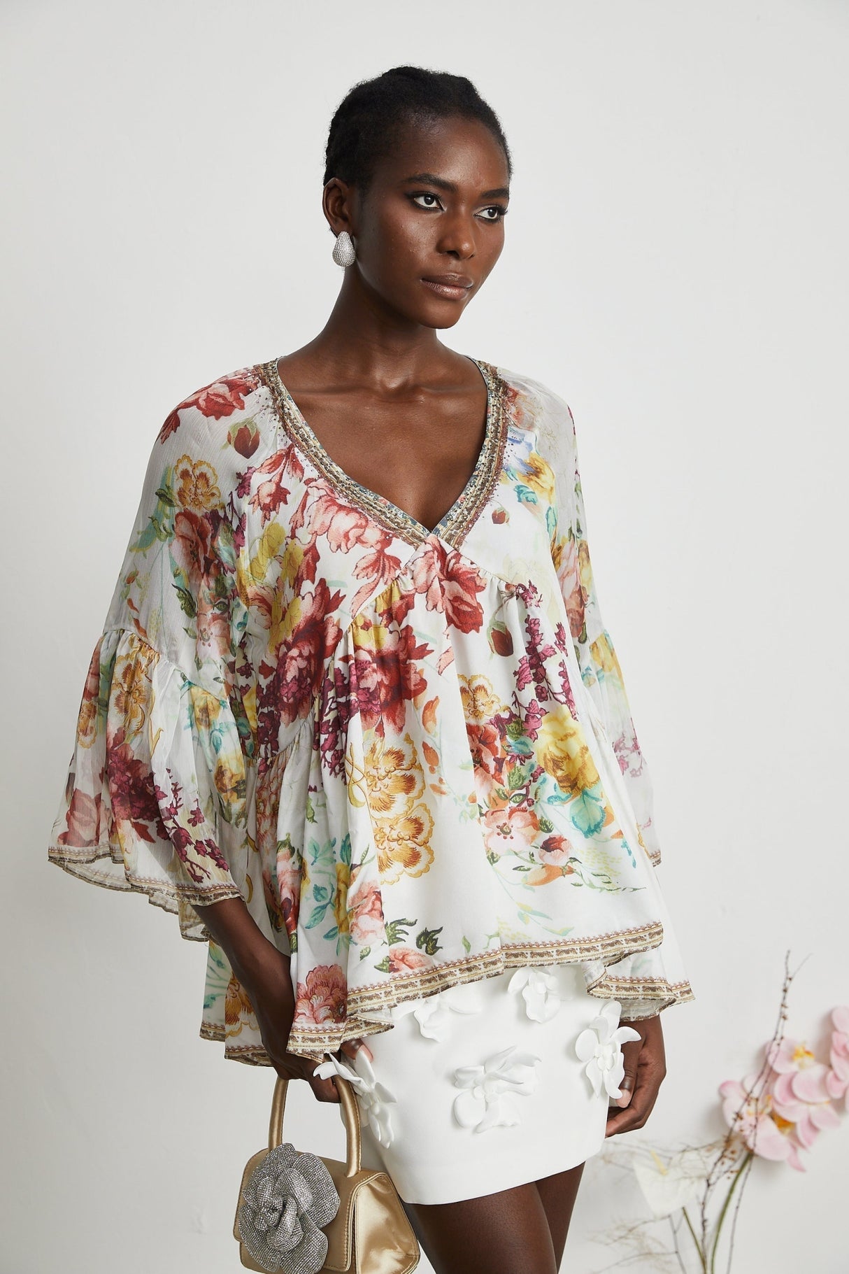 Mary Blouse with Floral Print & Crystal Embellishments