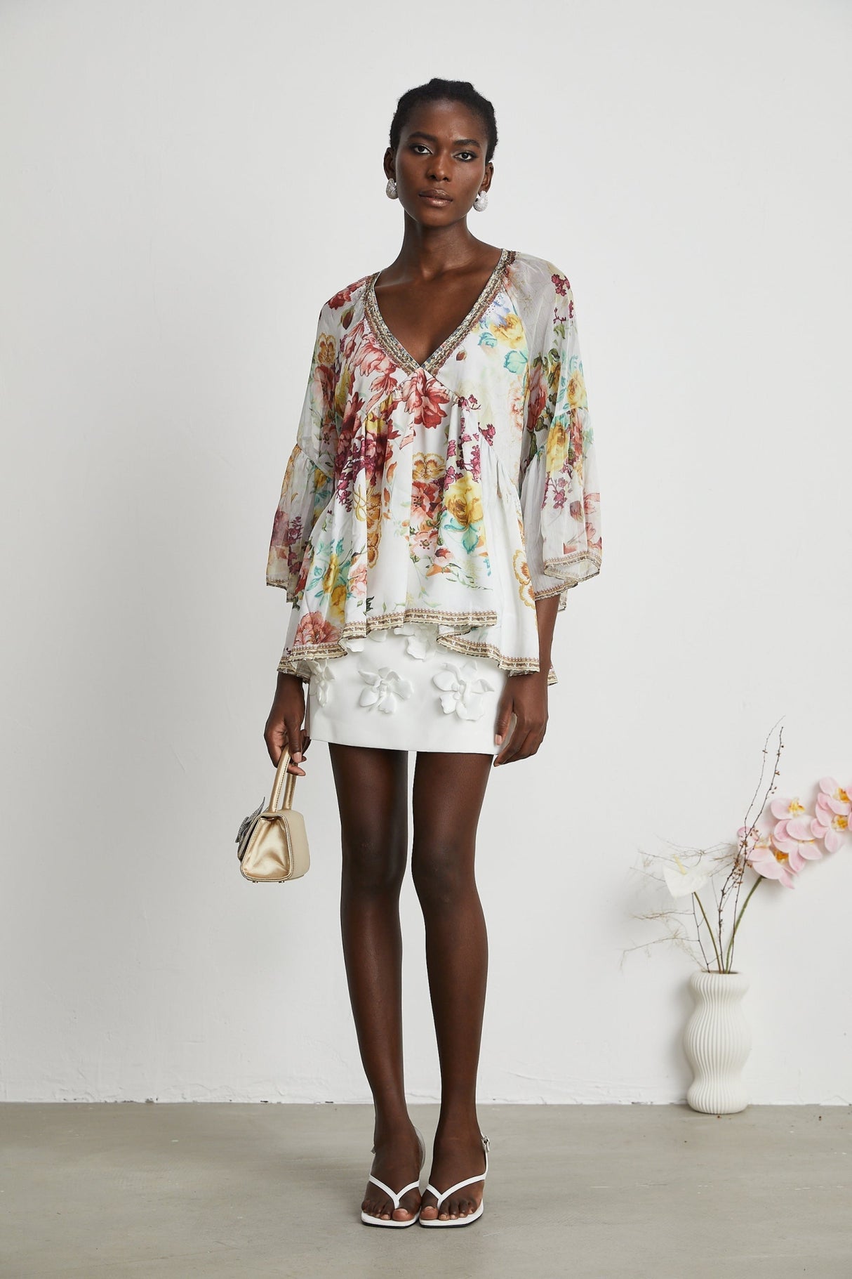 Mary Blouse with Floral Print & Crystal Embellishments