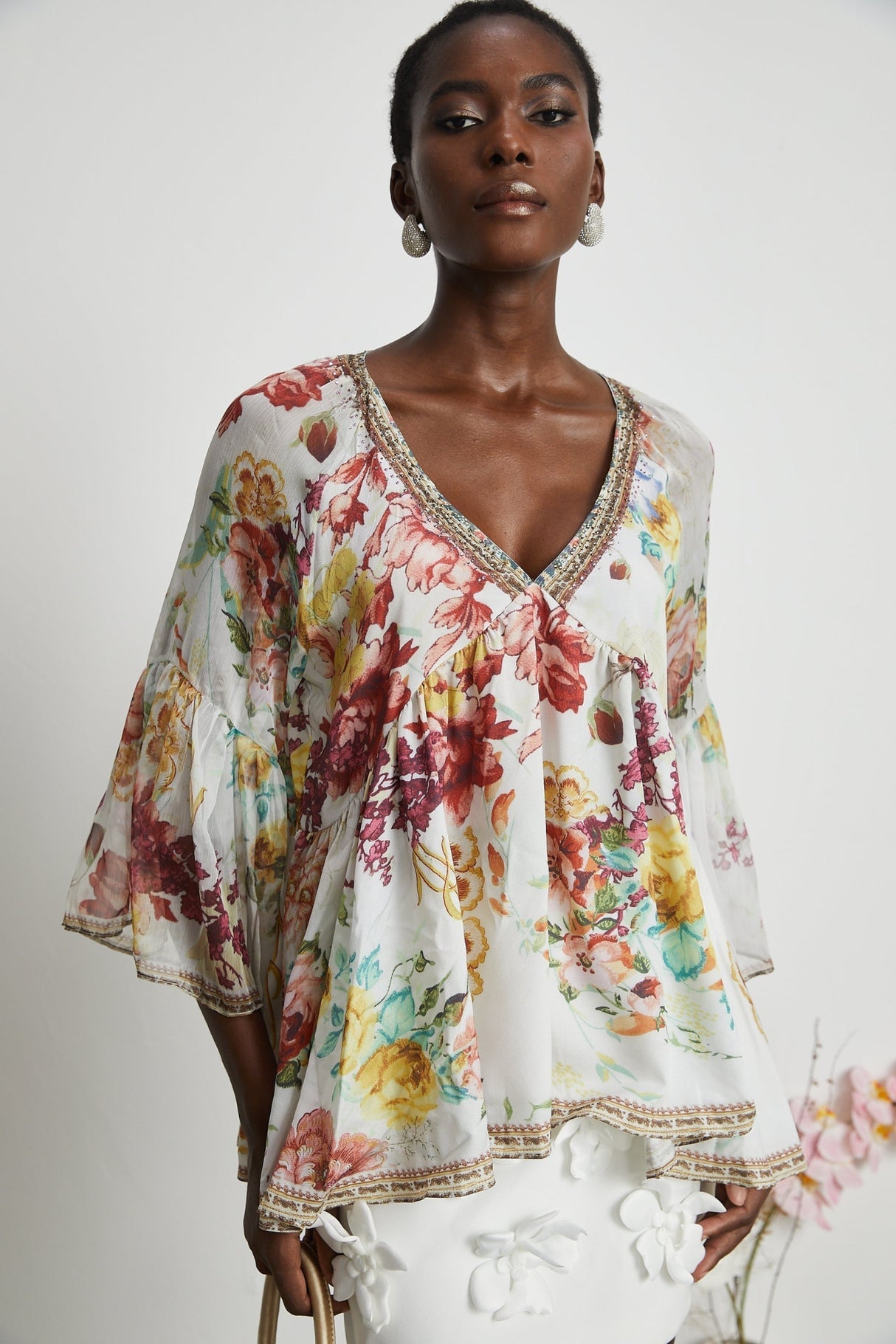 Mary Blouse with Floral Print & Crystal Embellishments