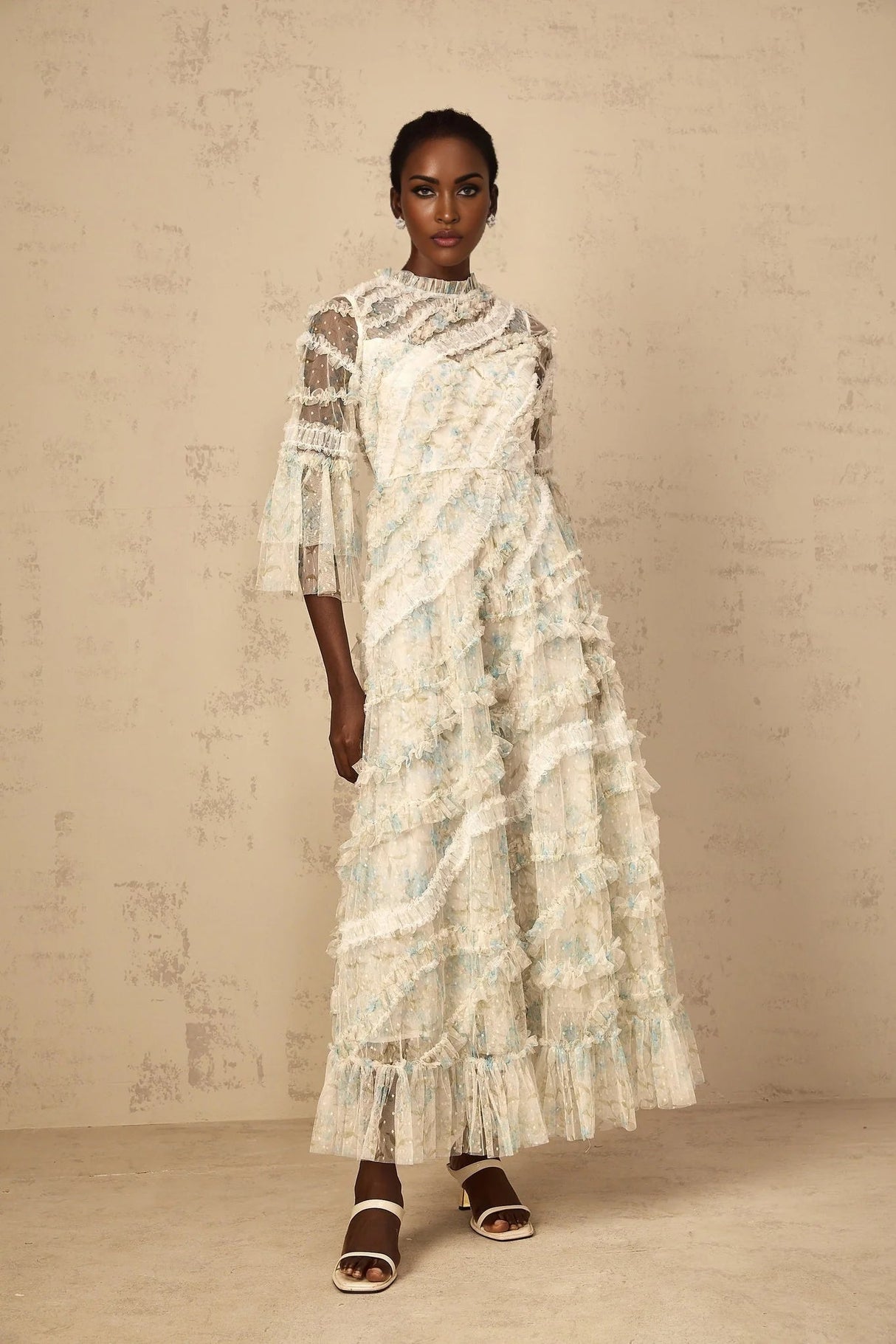 Mary Maxi Dress Blue Floral Ruffled Tulle Polka - dot Print