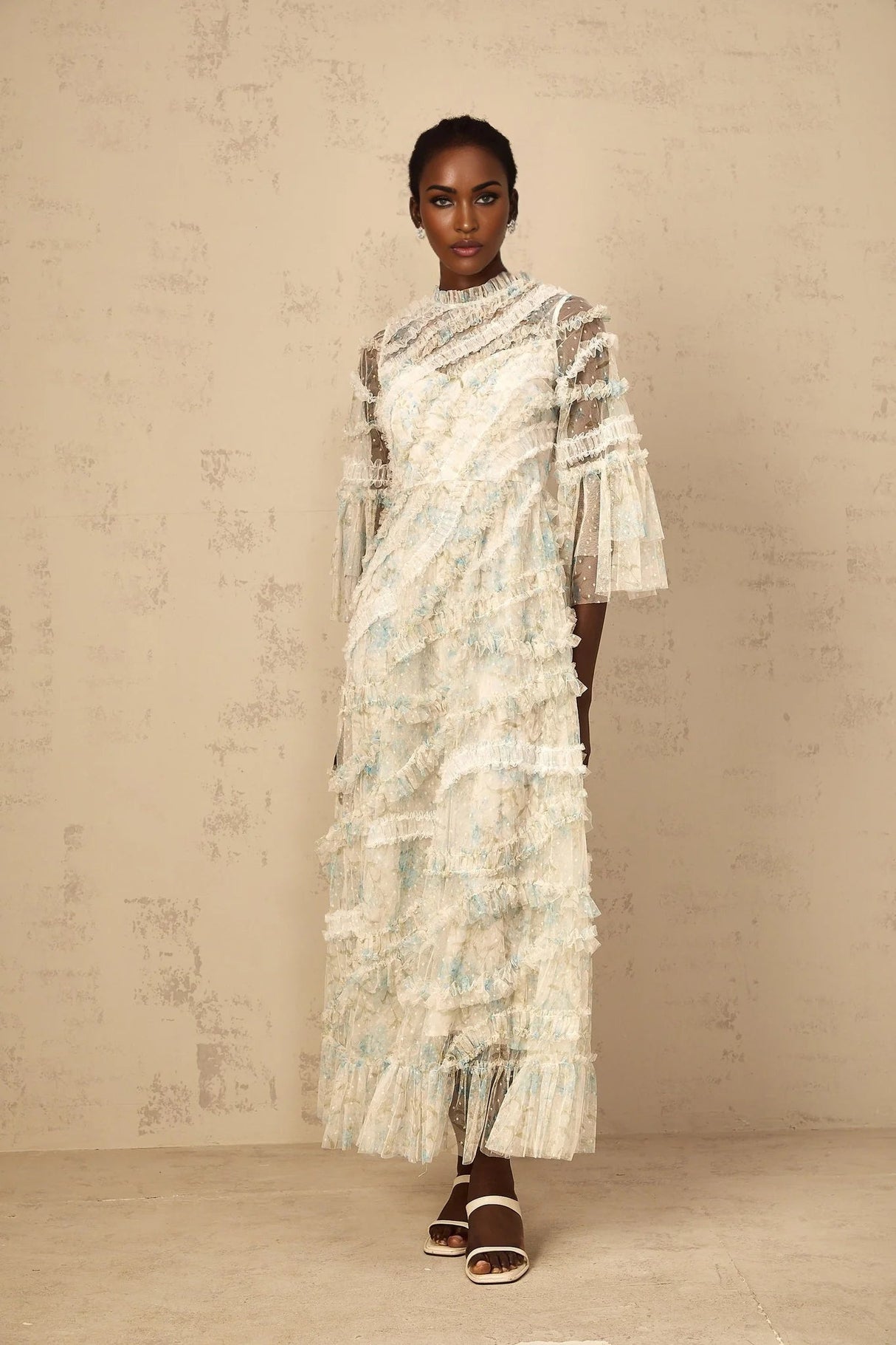 Mary Maxi Dress Blue Floral Ruffled Tulle Polka - dot Print