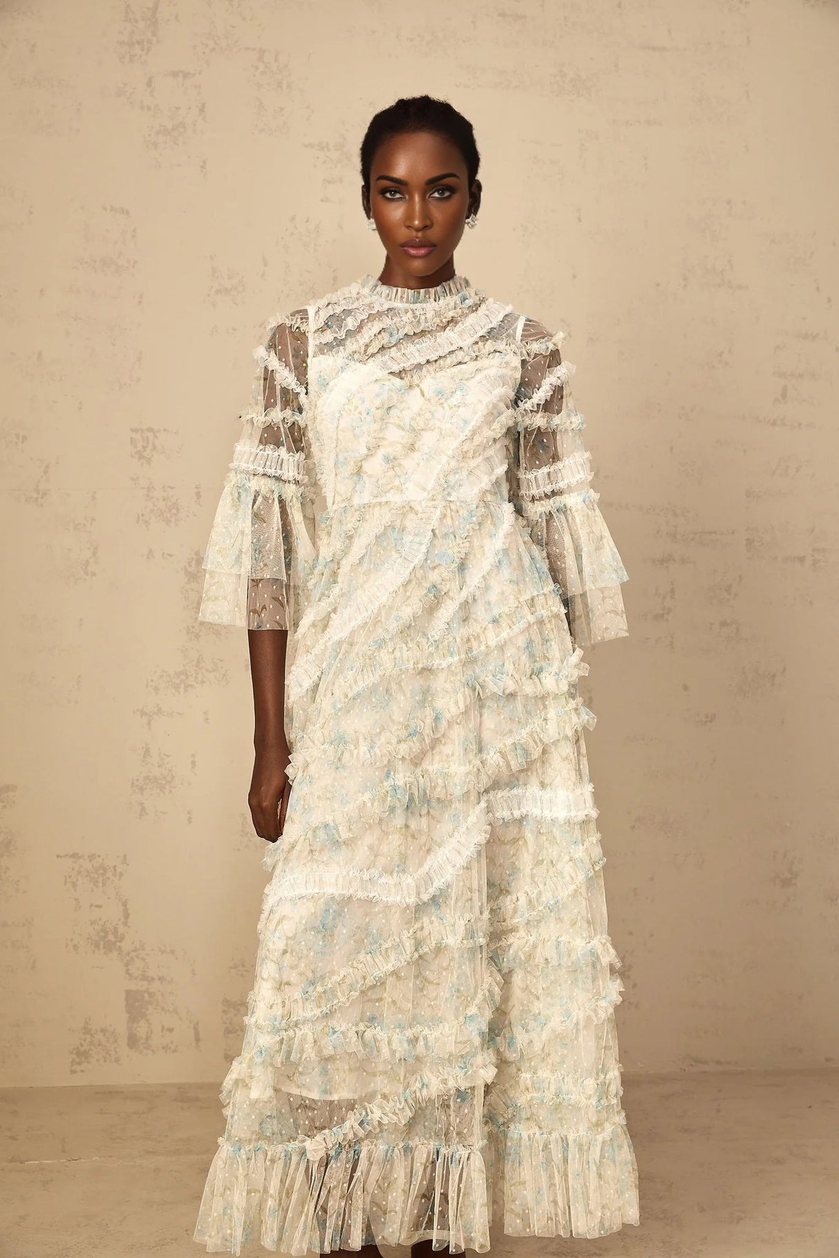 Mary Maxi Dress Blue Floral Ruffled Tulle Polka - dot Print