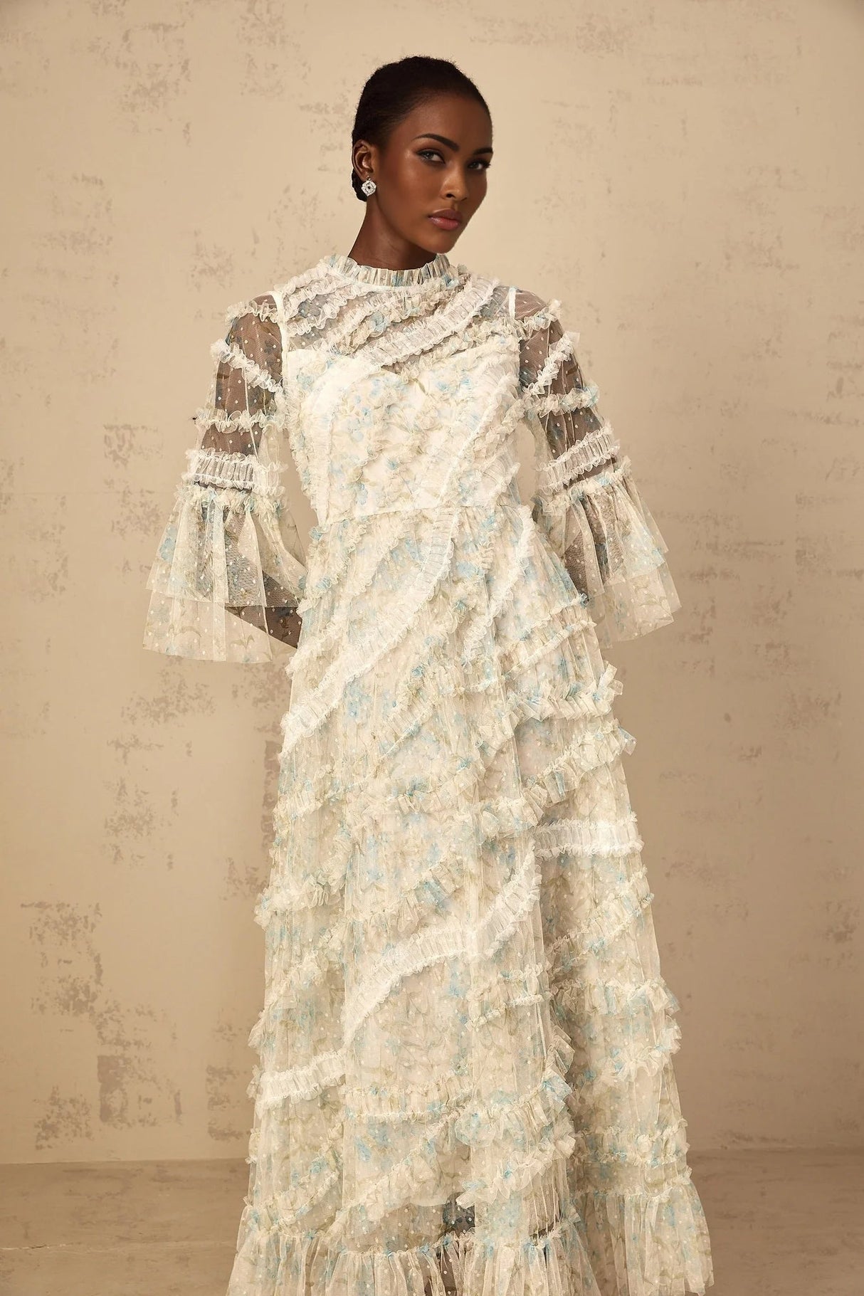 Mary Maxi Dress Blue Floral Ruffled Tulle Polka - dot Print