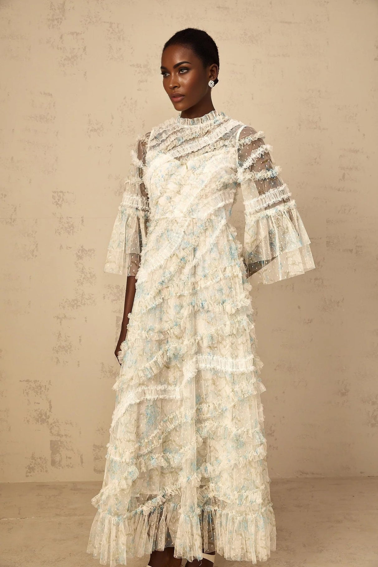 Mary Maxi Dress Blue Floral Ruffled Tulle Polka - dot Print