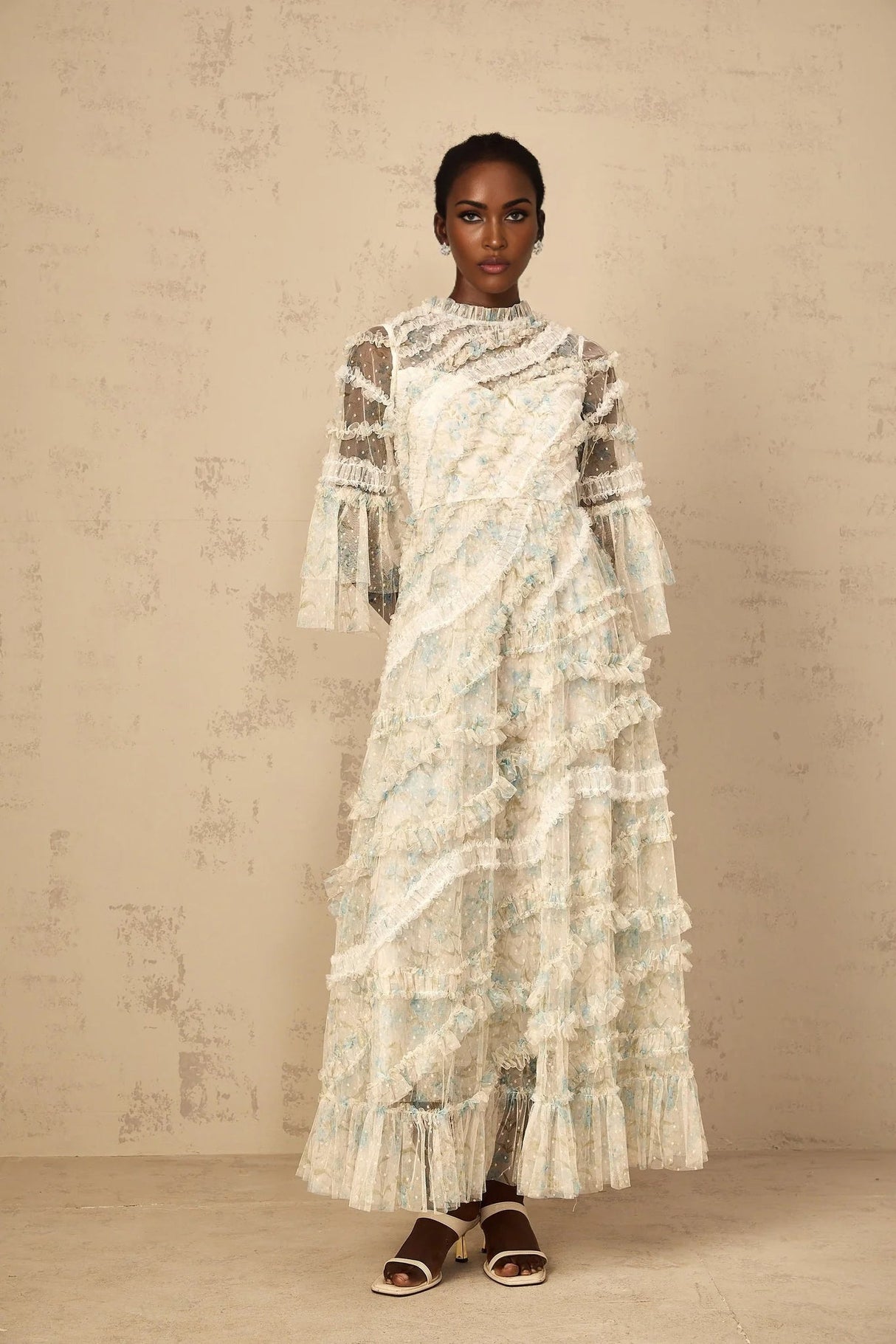 Mary Maxi Dress Blue Floral Ruffled Tulle Polka - dot Print