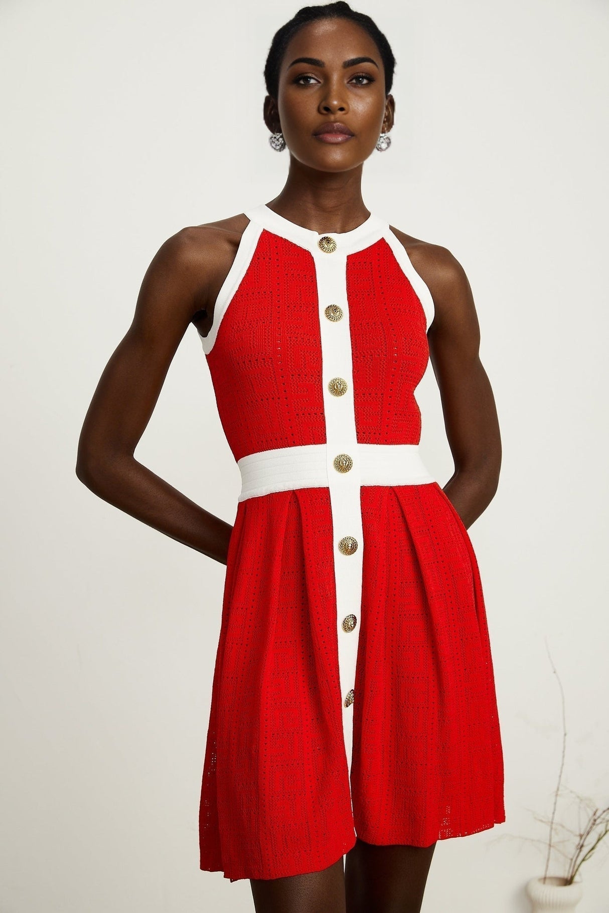 Mary Mini Dress Mary Red Pointelle Trim Button Accent & Pleated