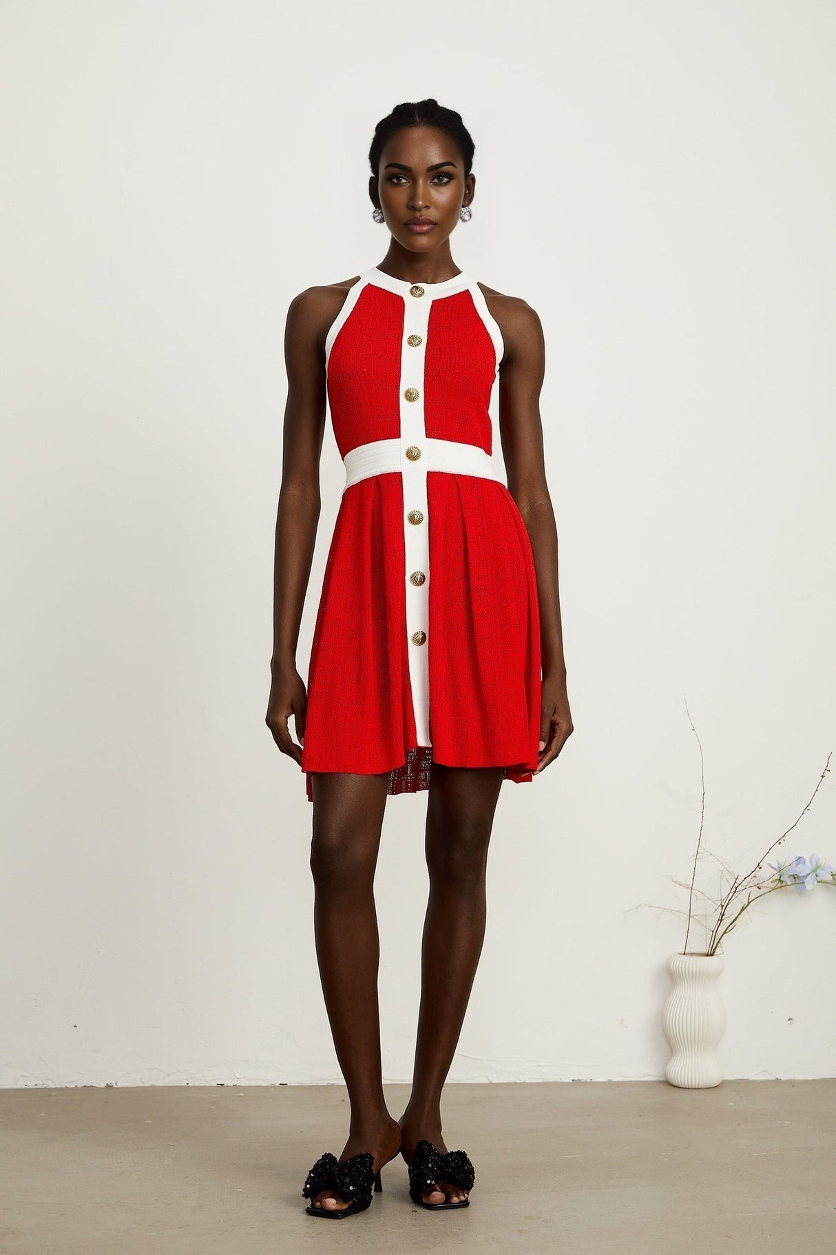 Mary Mini Dress Mary Red Pointelle Trim Button Accent & Pleated