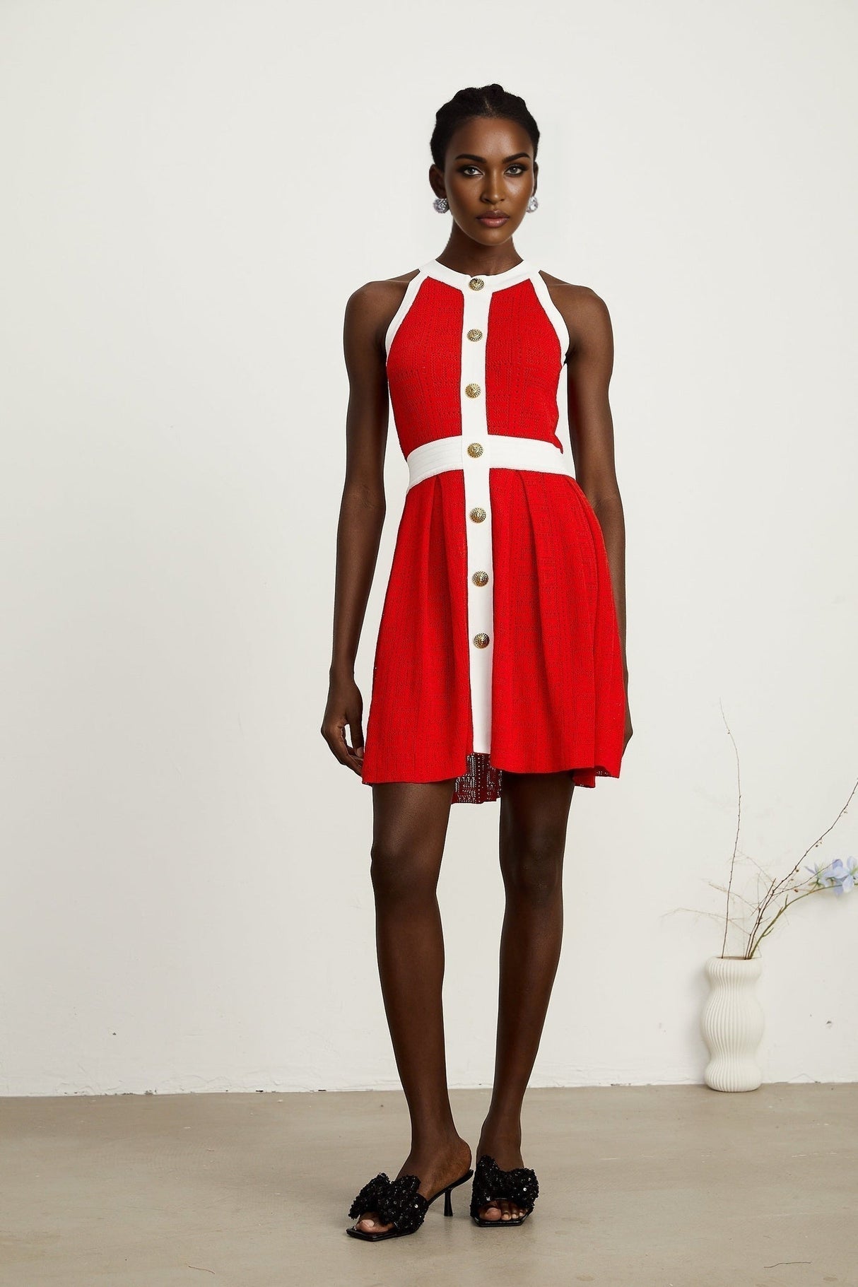 Mary Mini Dress Mary Red Pointelle Trim Button Accent & Pleated