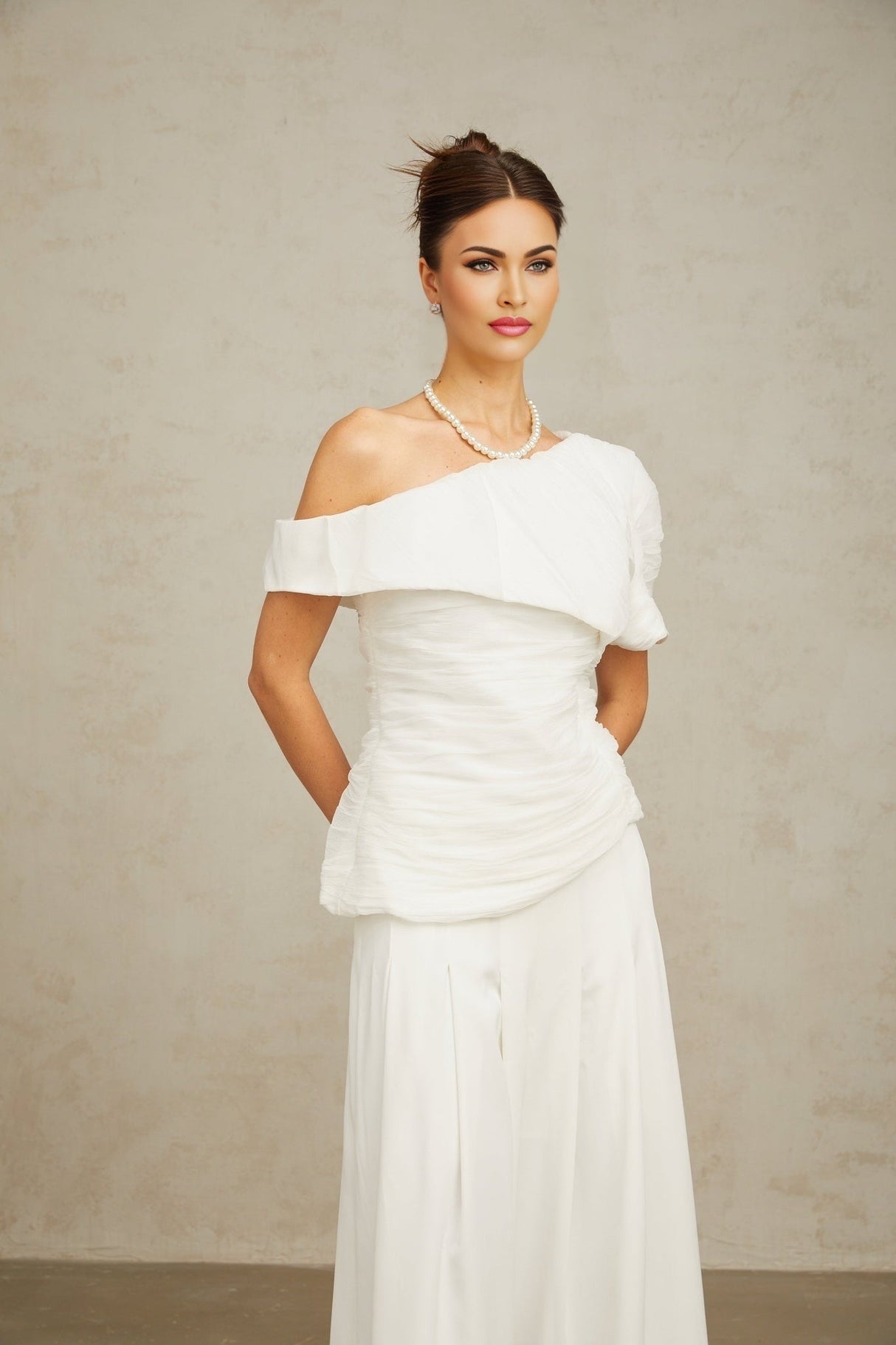 Mary Top & Trousers White Asymmetric One Shoulder Matching