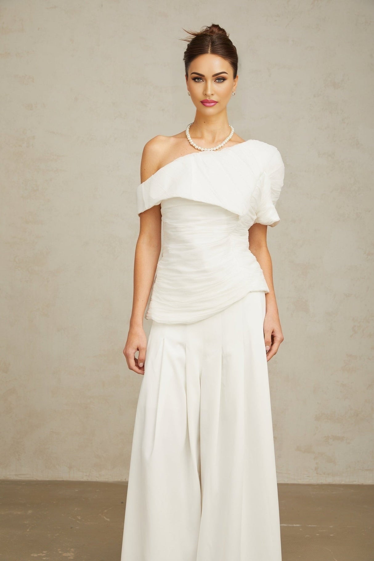 Mary Top & Trousers White Asymmetric One Shoulder Matching