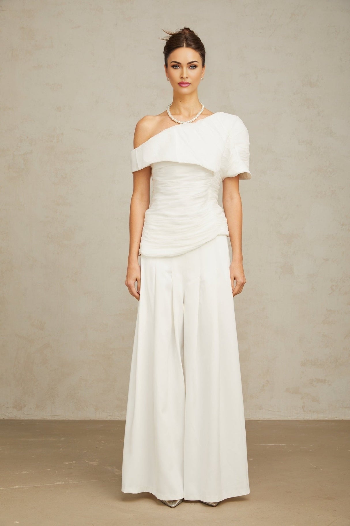 Mary Top & Trousers White Asymmetric One Shoulder Matching