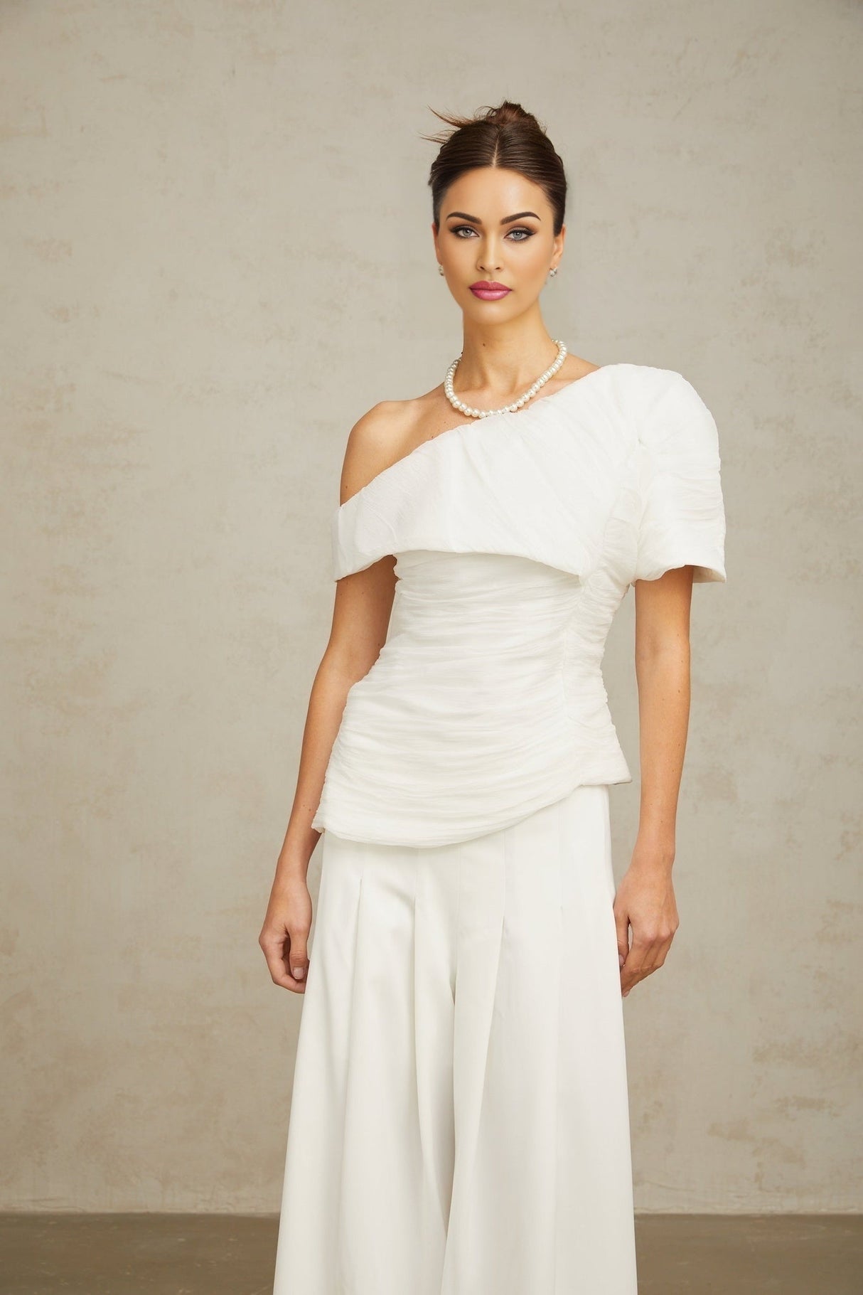 Mary Top & Trousers White Asymmetric One Shoulder Matching
