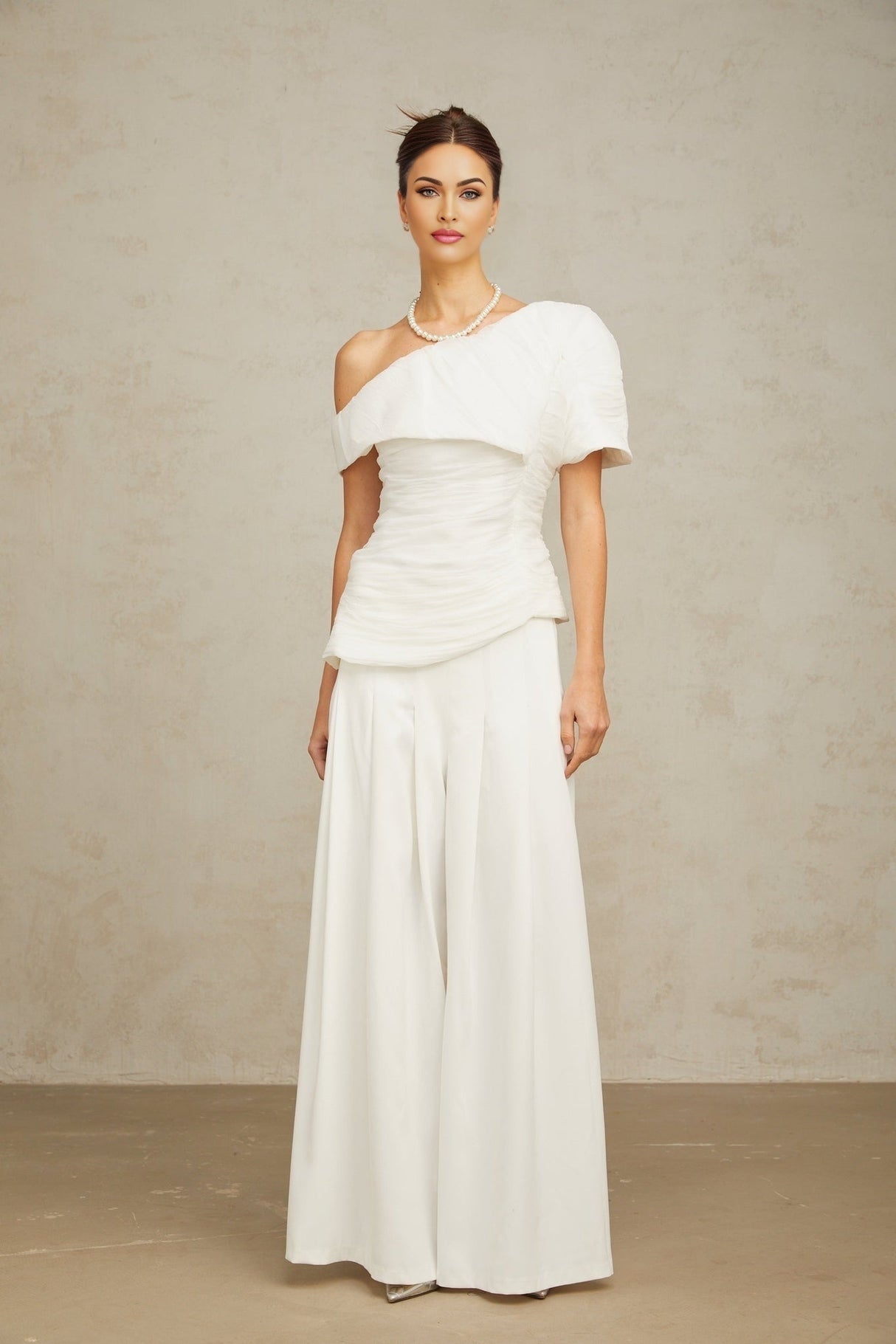 Mary Top & Trousers White Asymmetric One Shoulder Matching