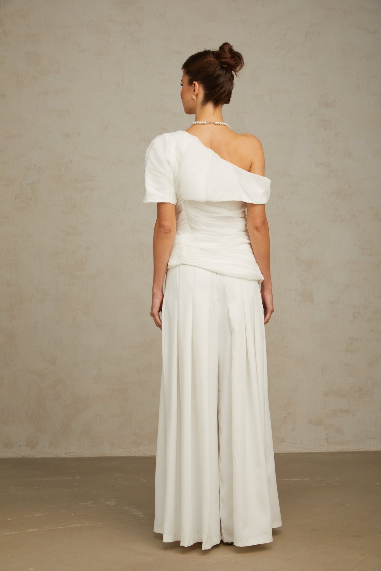 Mary Top & Trousers White Asymmetric One Shoulder Matching