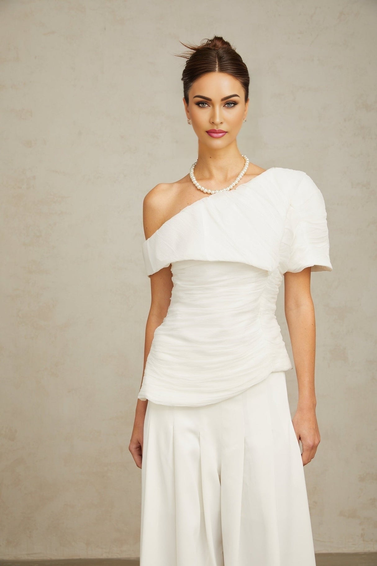 Mary Top & Trousers White Asymmetric One Shoulder Matching