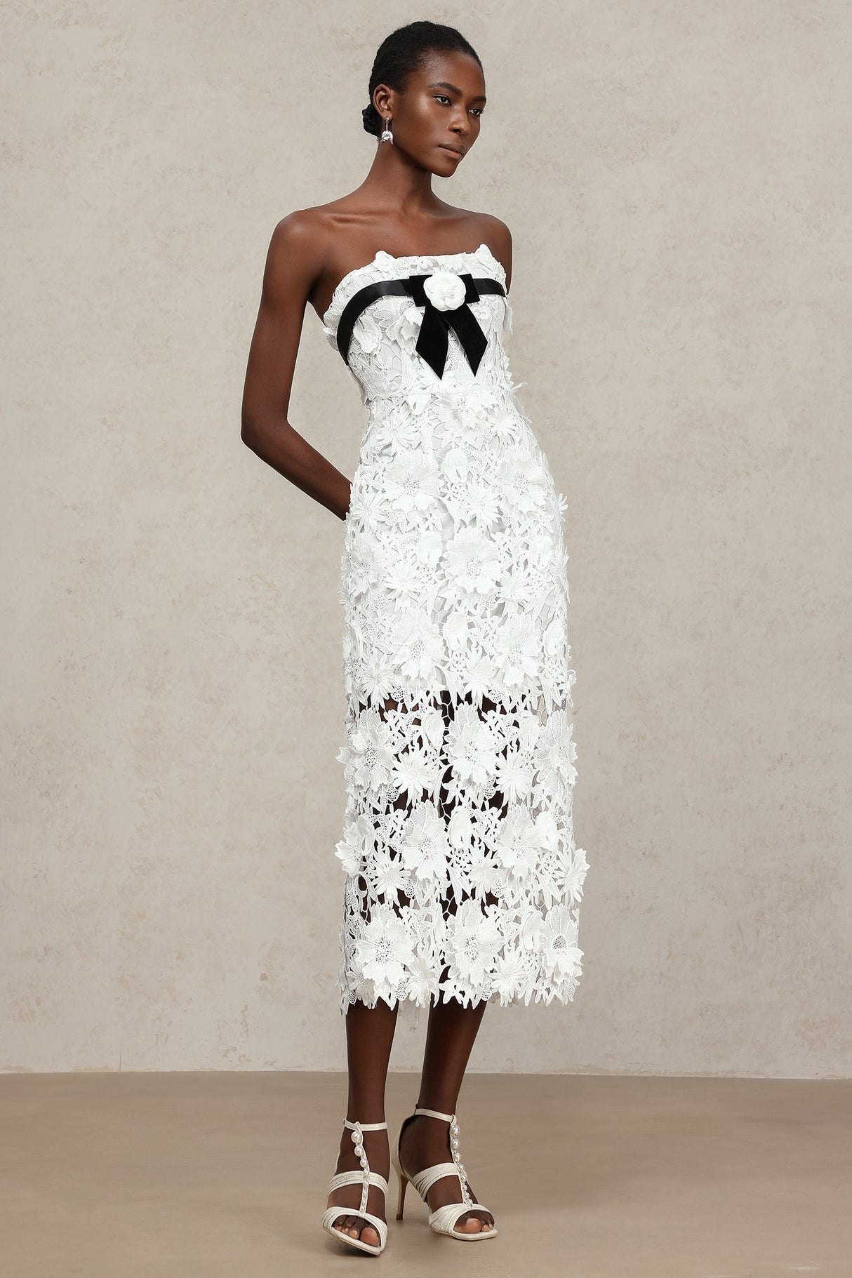 Mary White Lace Floral Maxi Dress with Black Velvet Ribbon and Floral Appliqués