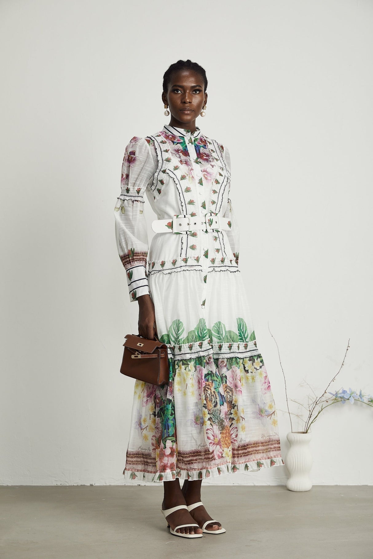 Massimiliana Floral Midi Dress with Puff Sleeves & Belted Waist in White