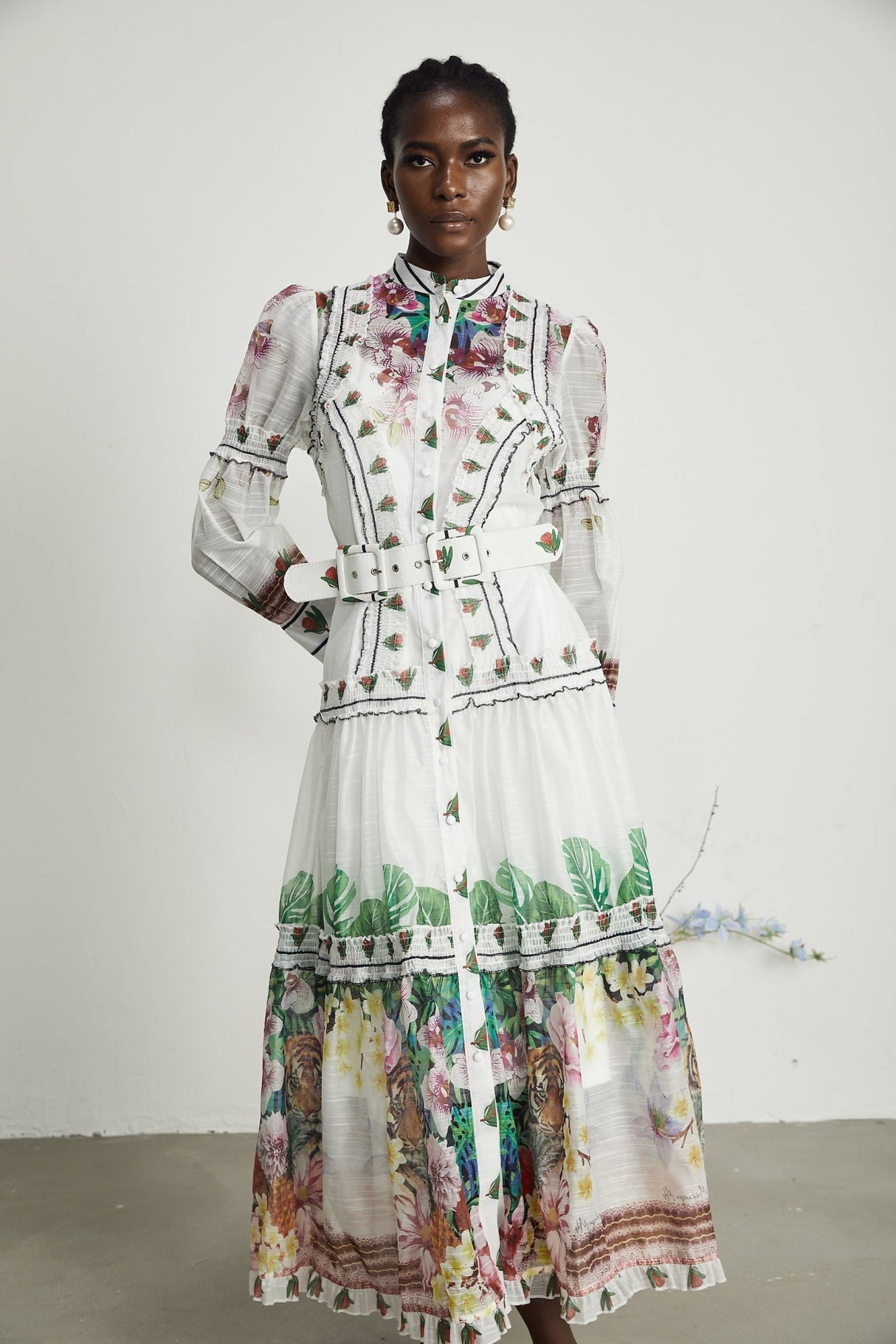 Massimiliana Floral Midi Dress with Puff Sleeves & Belted Waist in White