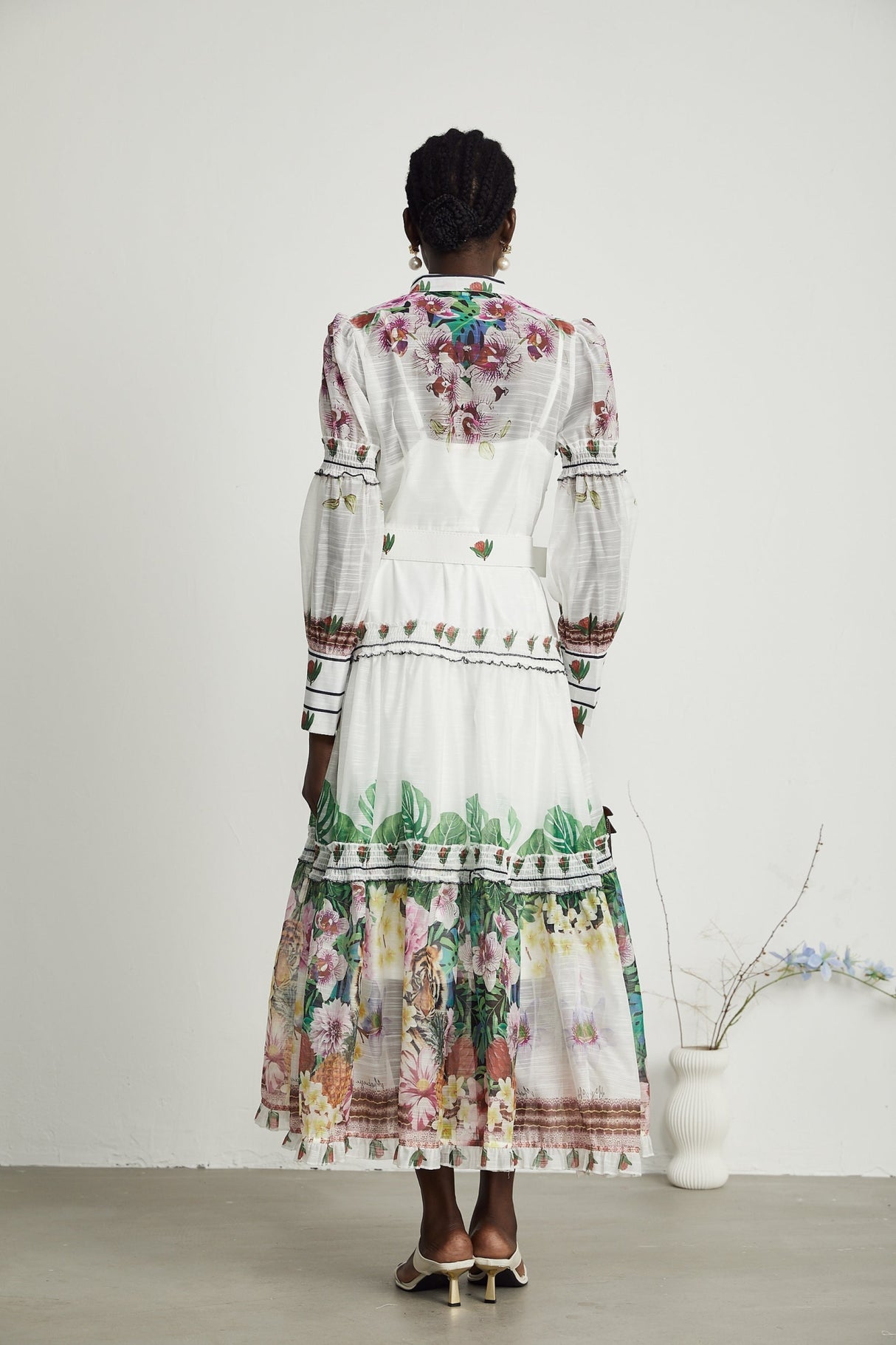Massimiliana Floral Midi Dress with Puff Sleeves & Belted Waist in White