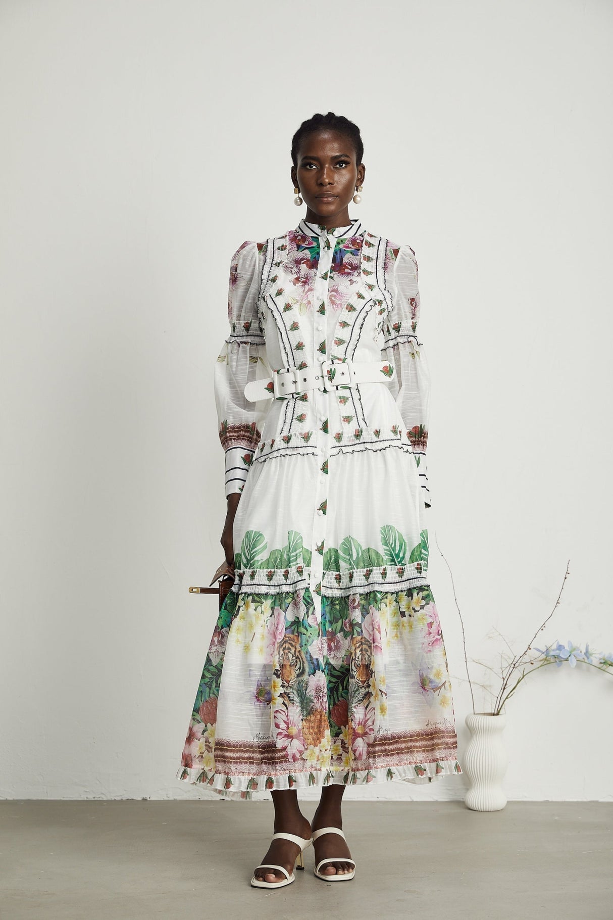 Massimiliana Floral Midi Dress with Puff Sleeves & Belted Waist in White