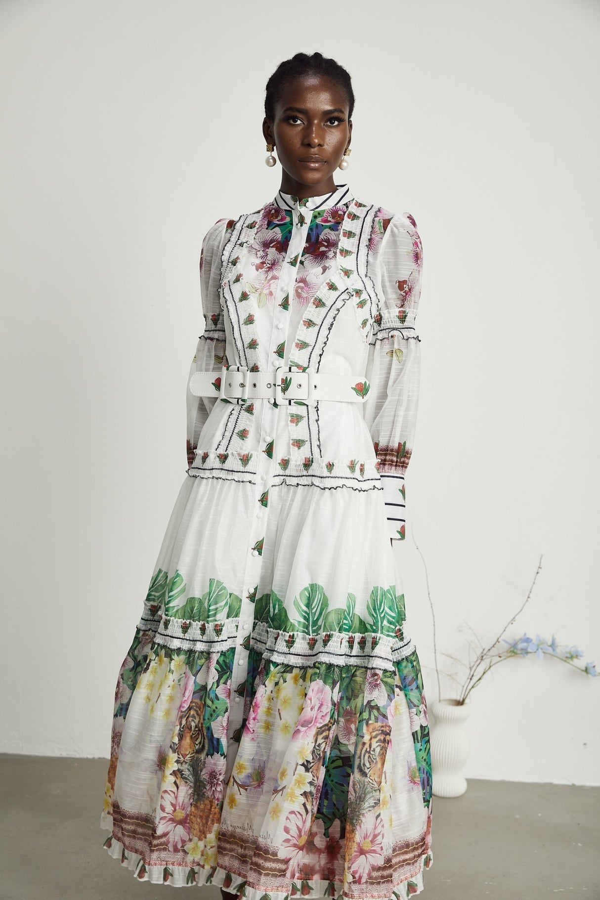 Massimiliana Floral Midi Dress with Puff Sleeves & Belted Waist in White