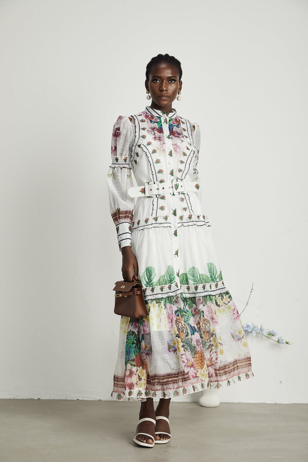 Massimiliana Floral Midi Dress with Puff Sleeves & Belted Waist in White