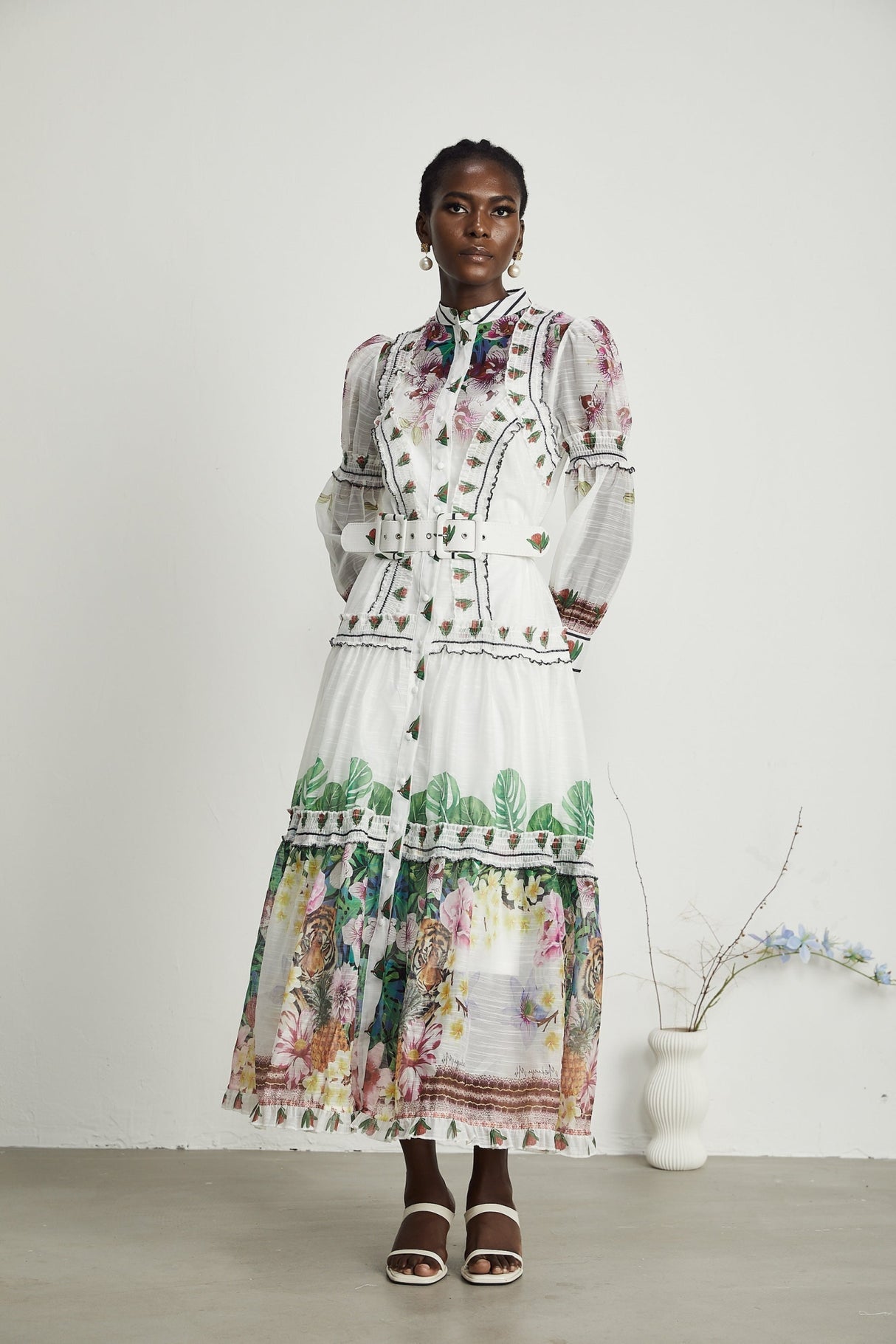 Massimiliana Floral Midi Dress with Puff Sleeves & Belted Waist in White