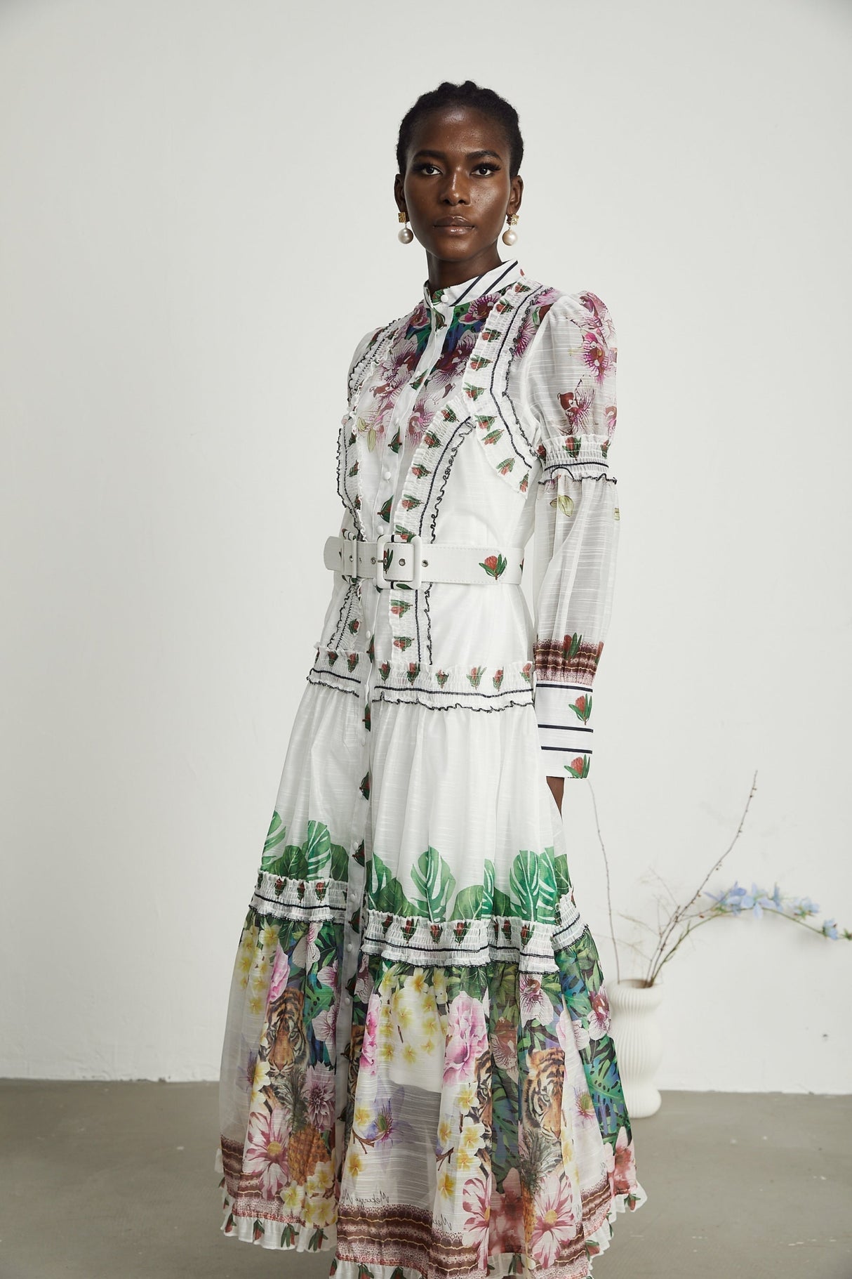 Massimiliana Floral Midi Dress with Puff Sleeves & Belted Waist in White