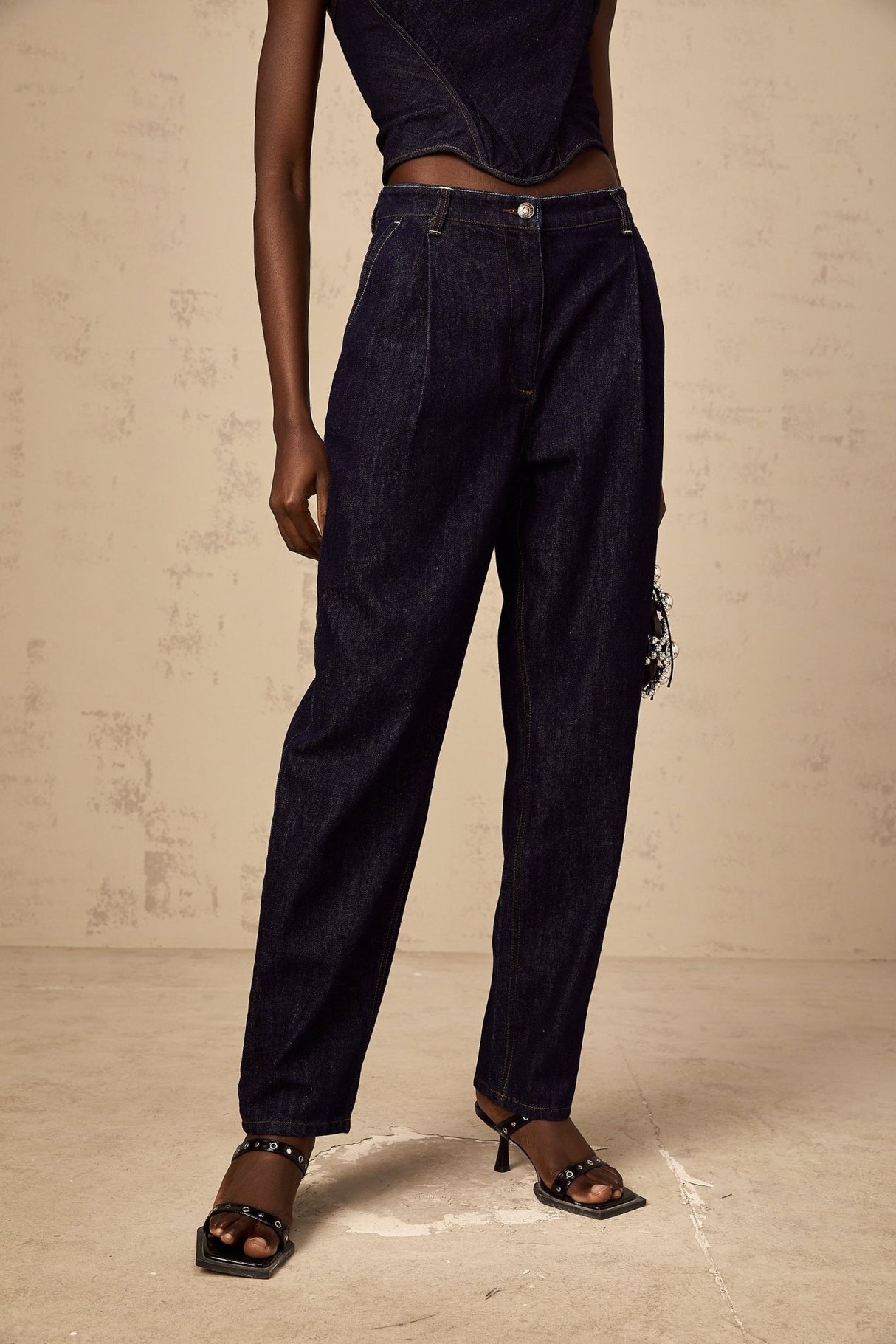 Massimiliana Jeans Blue High Rise Pleated Detail Wide Leg