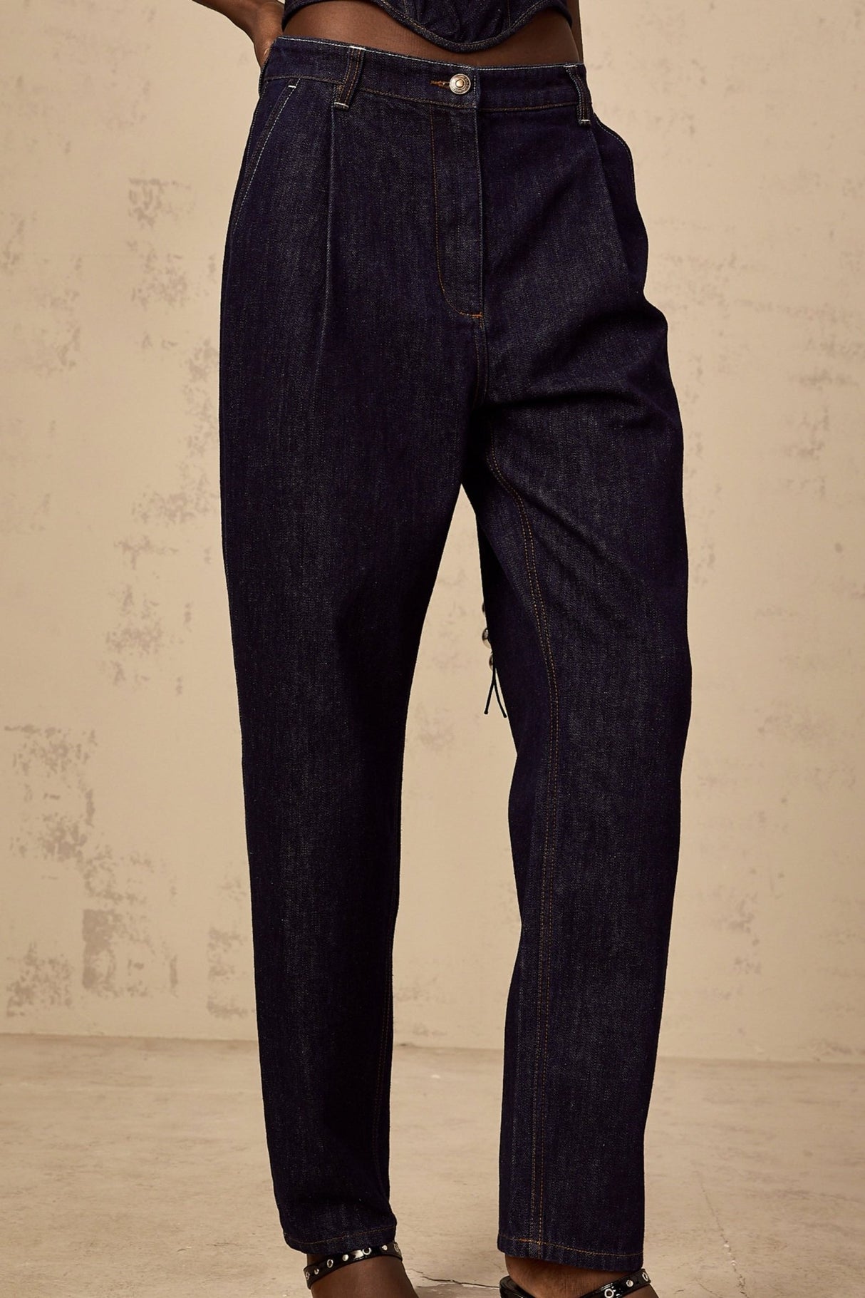 Massimiliana Jeans Blue High Rise Pleated Detail Wide Leg