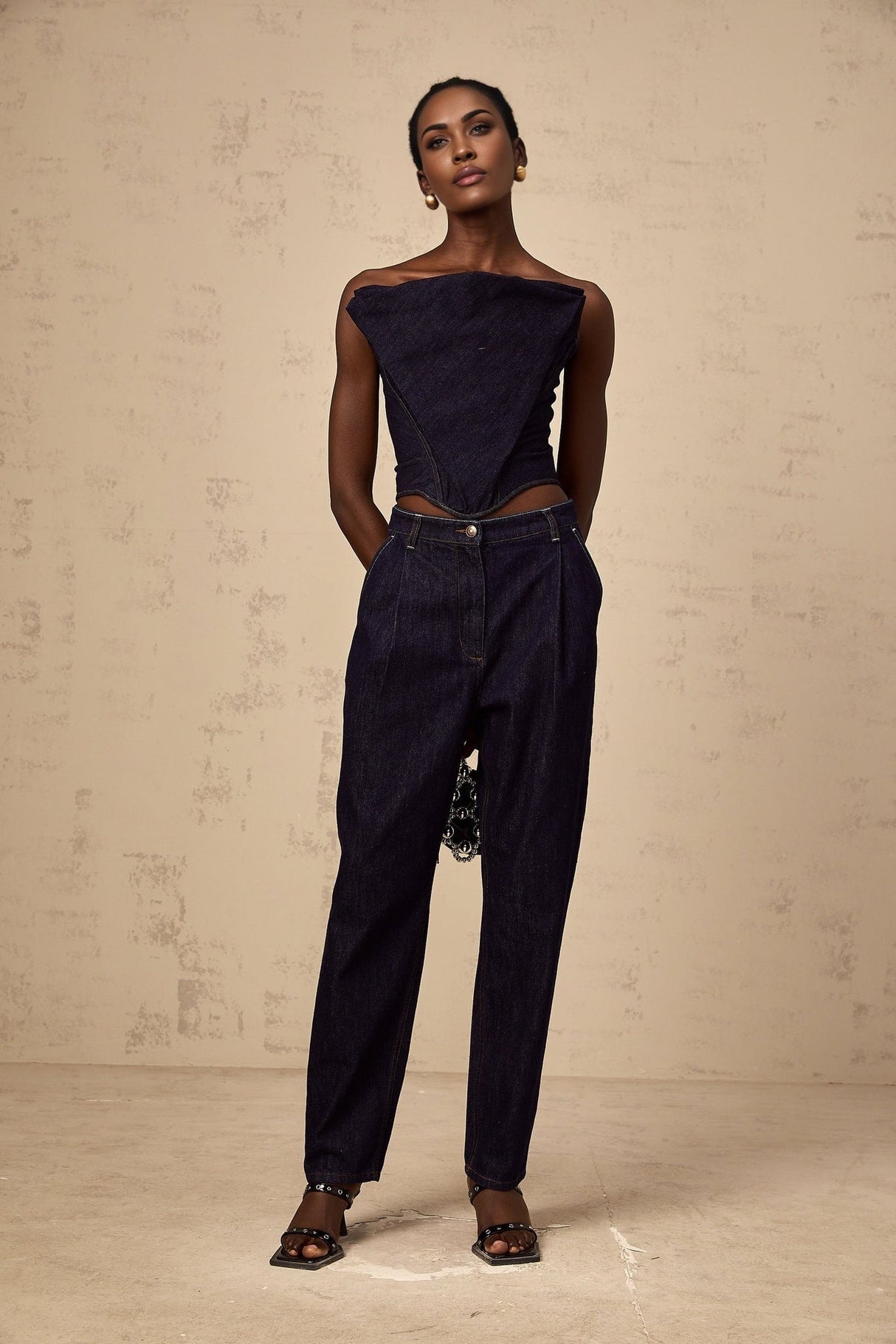 Massimiliana Jeans Blue High Rise Pleated Detail Wide Leg