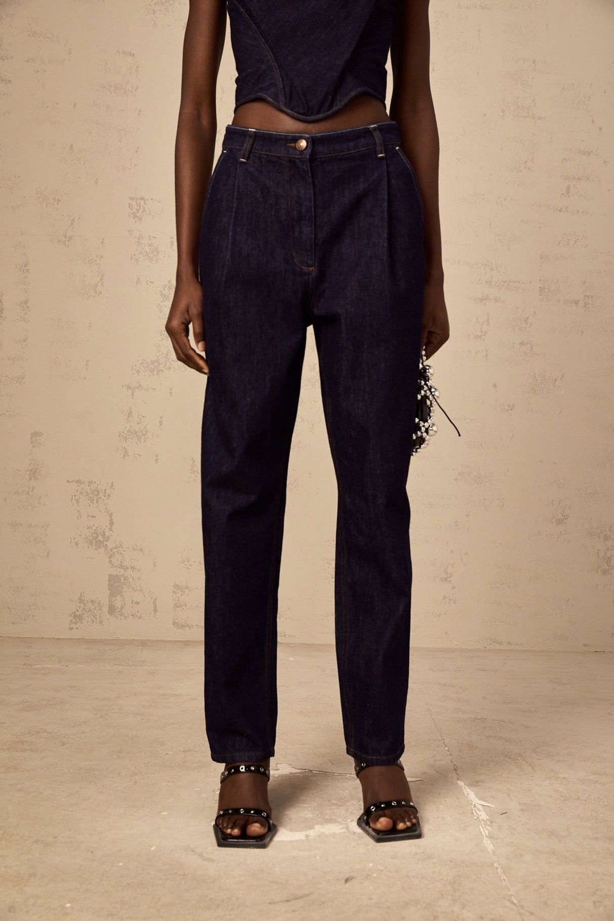 Massimiliana Jeans Blue High Rise Pleated Detail Wide Leg