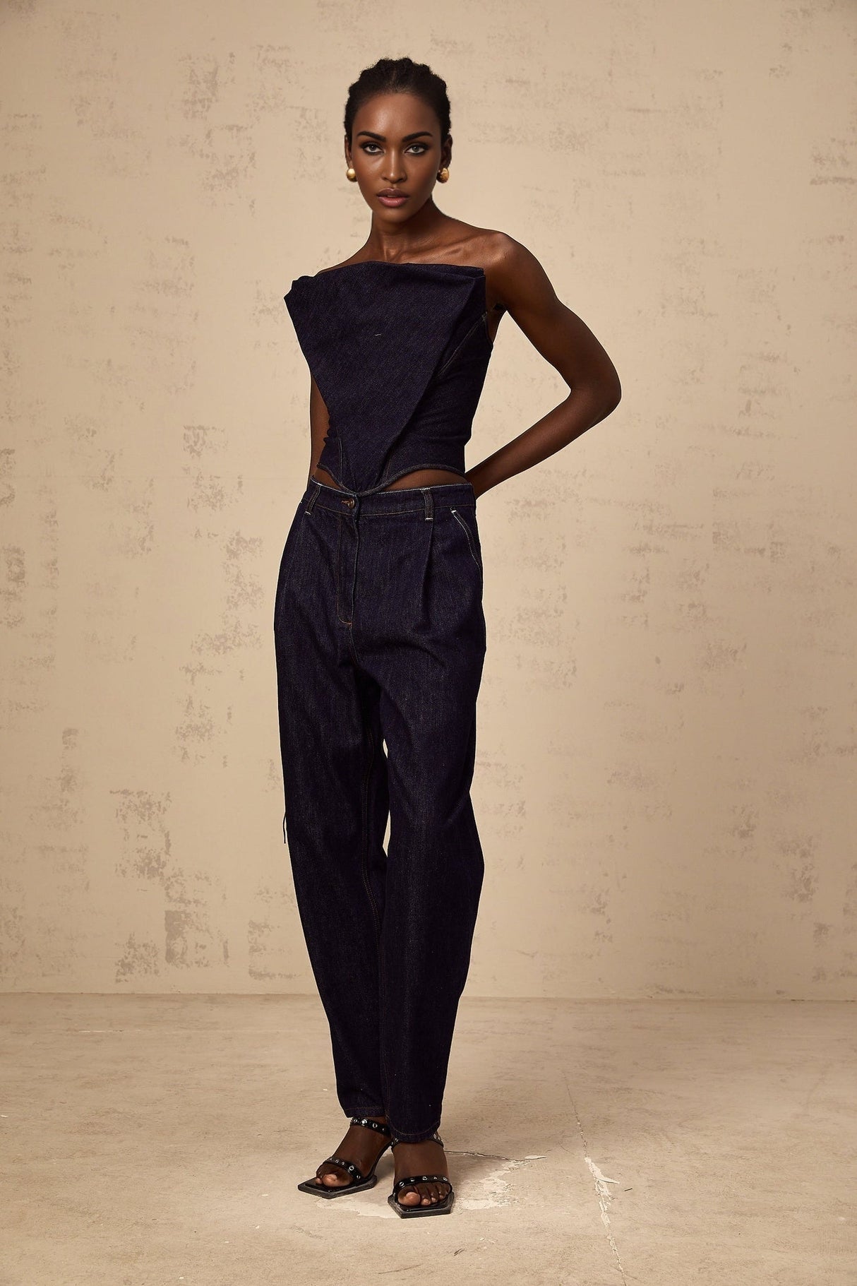 Massimiliana Jeans Blue High Rise Pleated Detail Wide Leg