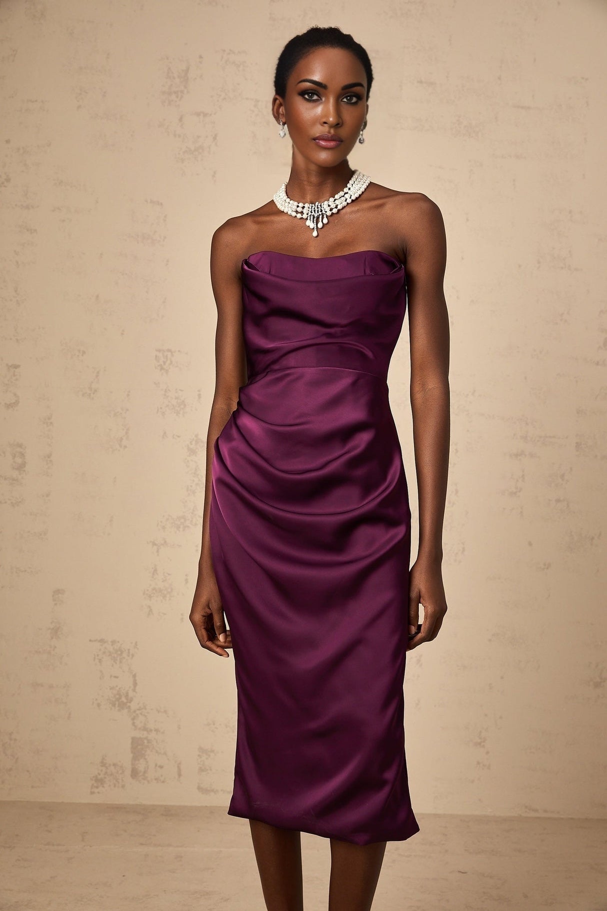 Massimiliana Midi Dress Purple Satin Ruched Off - Shoulder Cut - Out Slit Zip Knee - Length