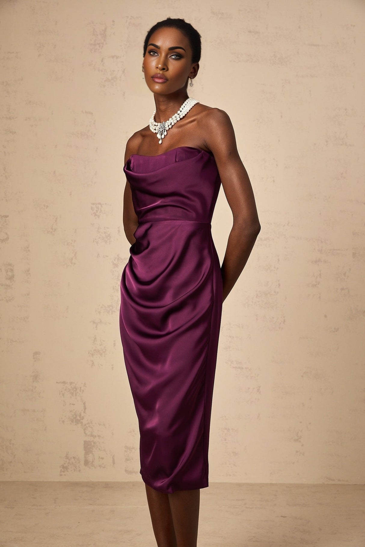 Massimiliana Midi Dress Purple Satin Ruched Off - Shoulder Cut - Out Slit Zip Knee - Length