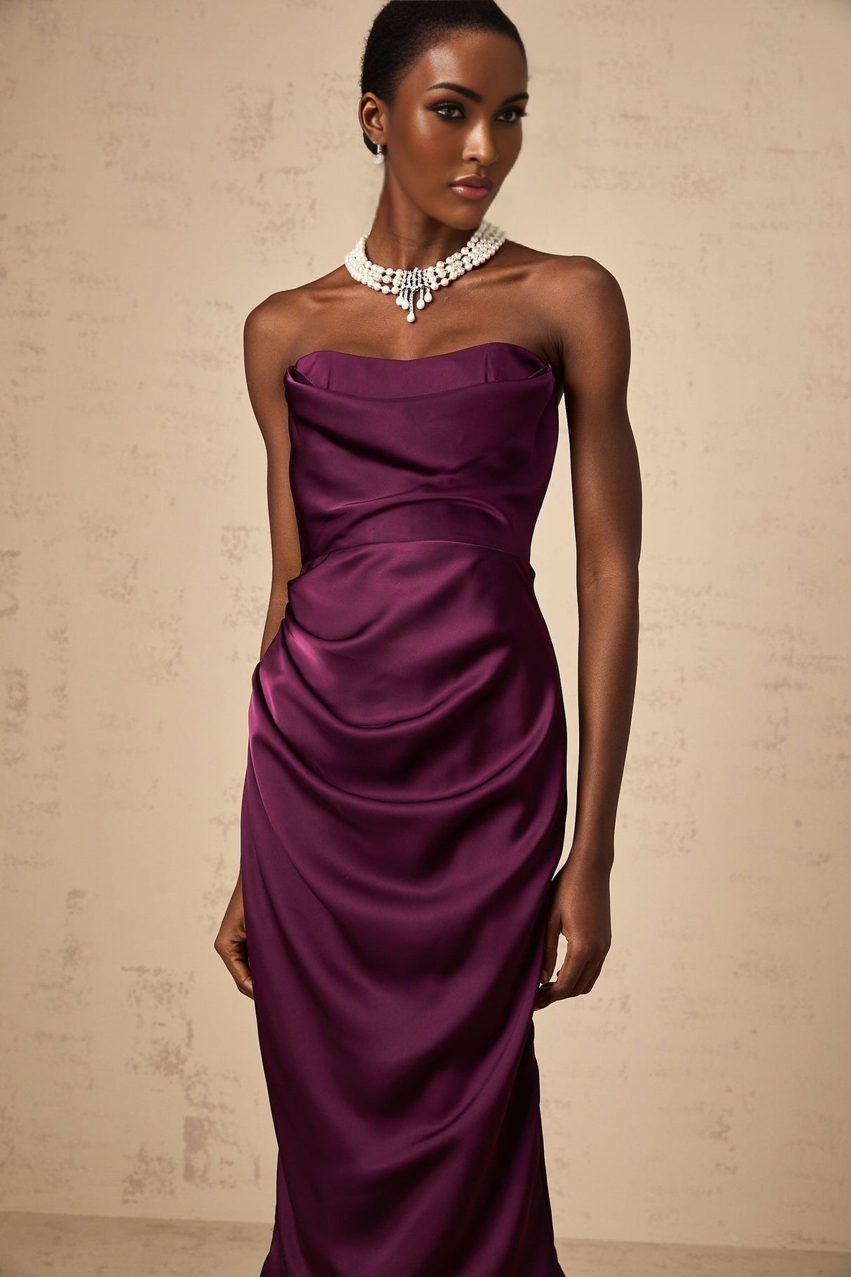 Massimiliana Midi Dress Purple Satin Ruched Off - Shoulder Cut - Out Slit Zip Knee - Length