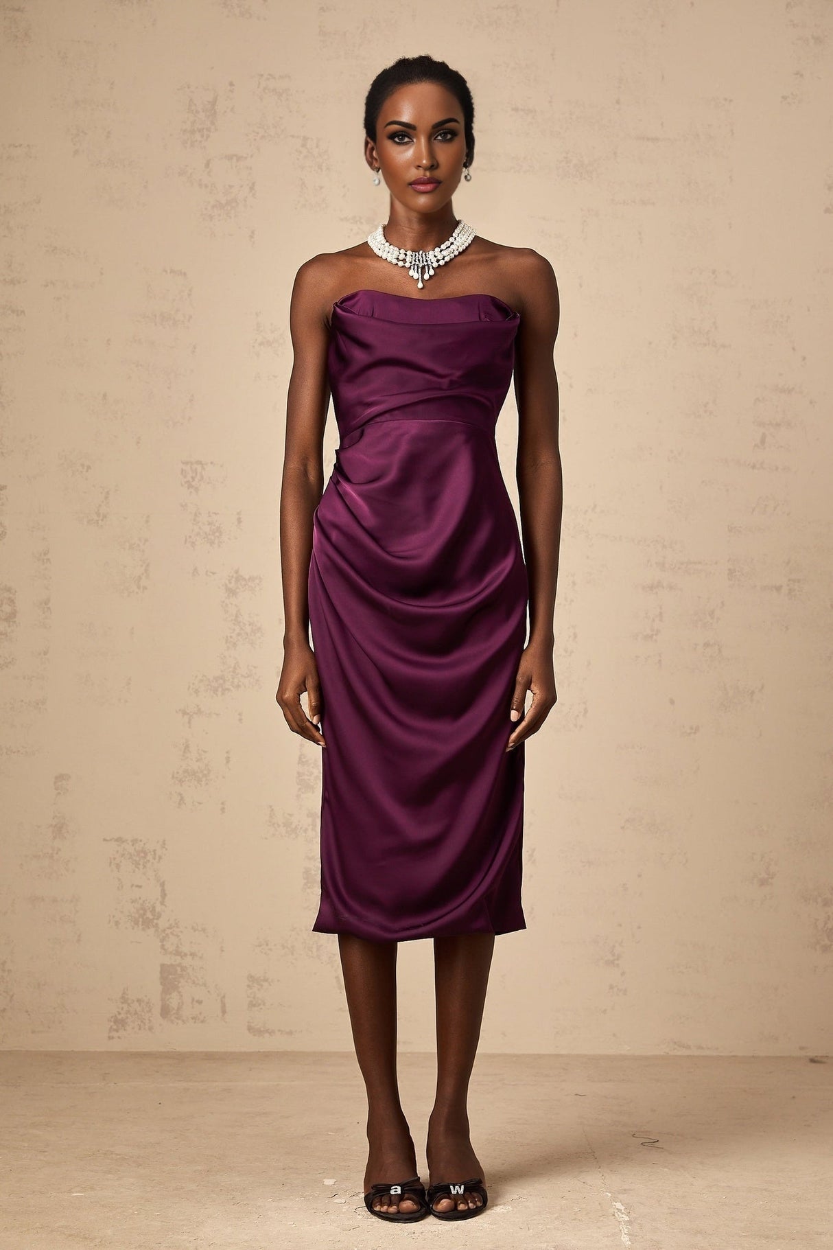 Massimiliana Midi Dress Purple Satin Ruched Off - Shoulder Cut - Out Slit Zip Knee - Length