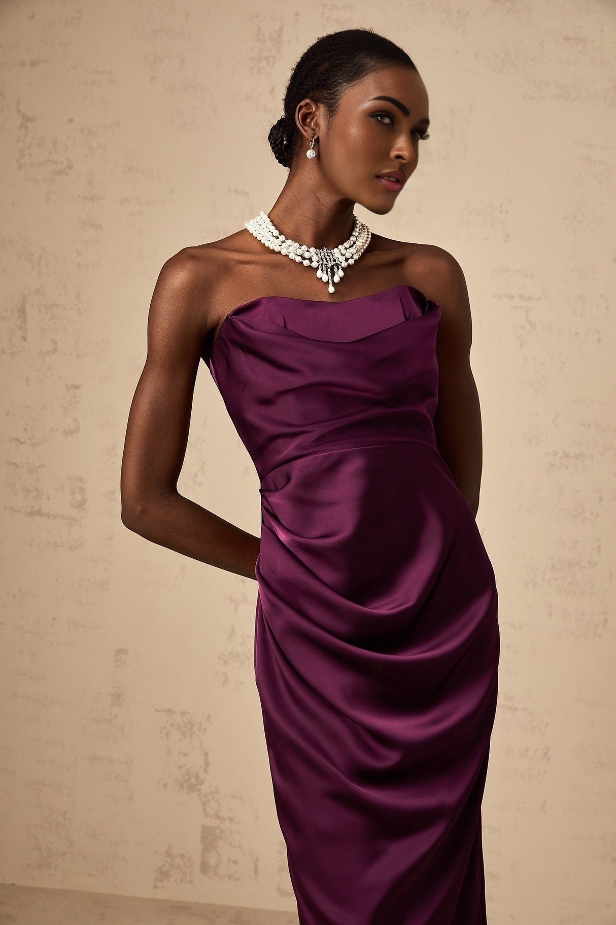 Massimiliana Midi Dress Purple Satin Ruched Off - Shoulder Cut - Out Slit Zip Knee - Length