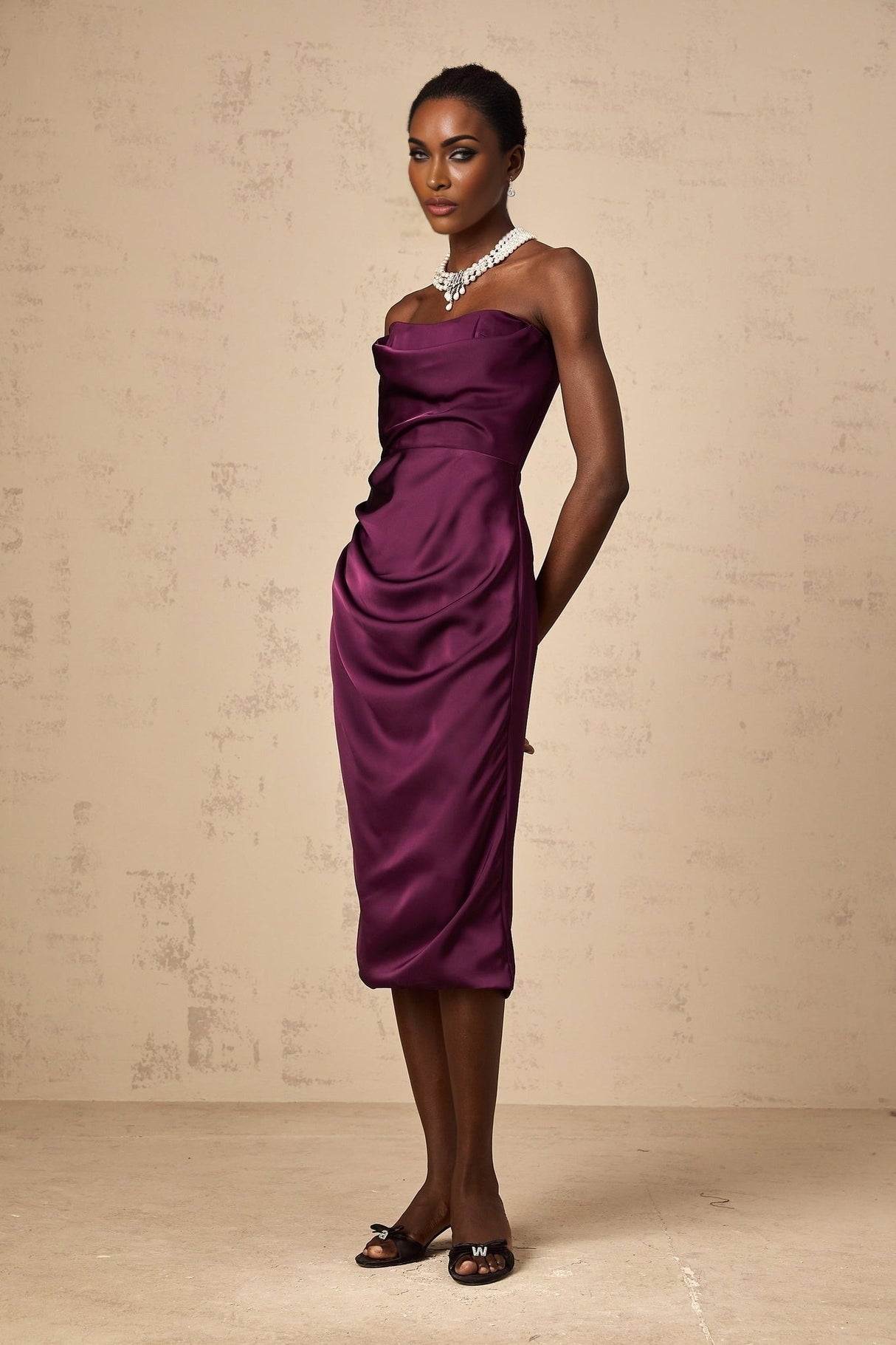 Massimiliana Midi Dress Purple Satin Ruched Off - Shoulder Cut - Out Slit Zip Knee - Length