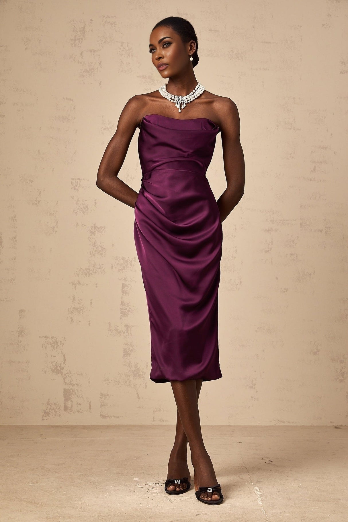 Massimiliana Midi Dress Purple Satin Ruched Off - Shoulder Cut - Out Slit Zip Knee - Length