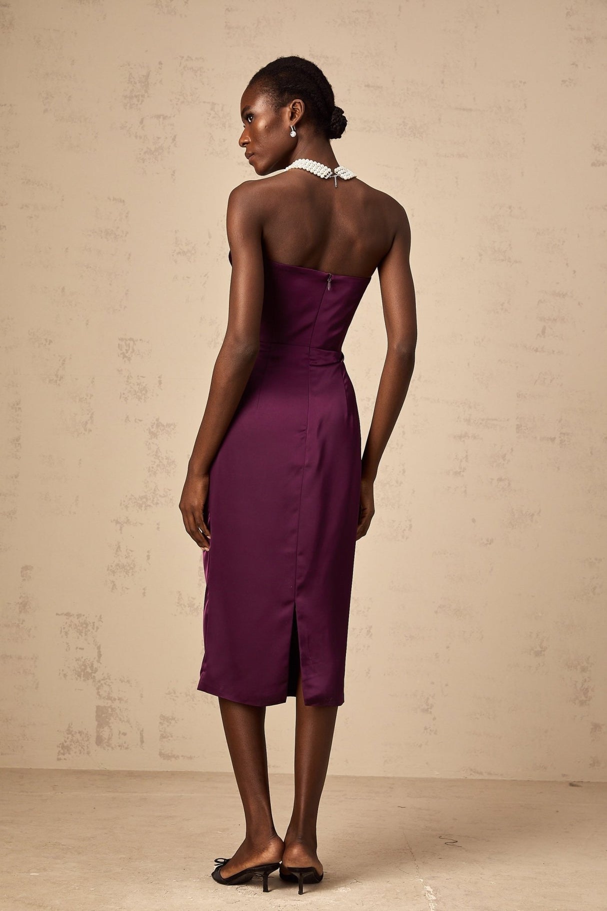 Massimiliana Midi Dress Purple Satin Ruched Off - Shoulder Cut - Out Slit Zip Knee - Length