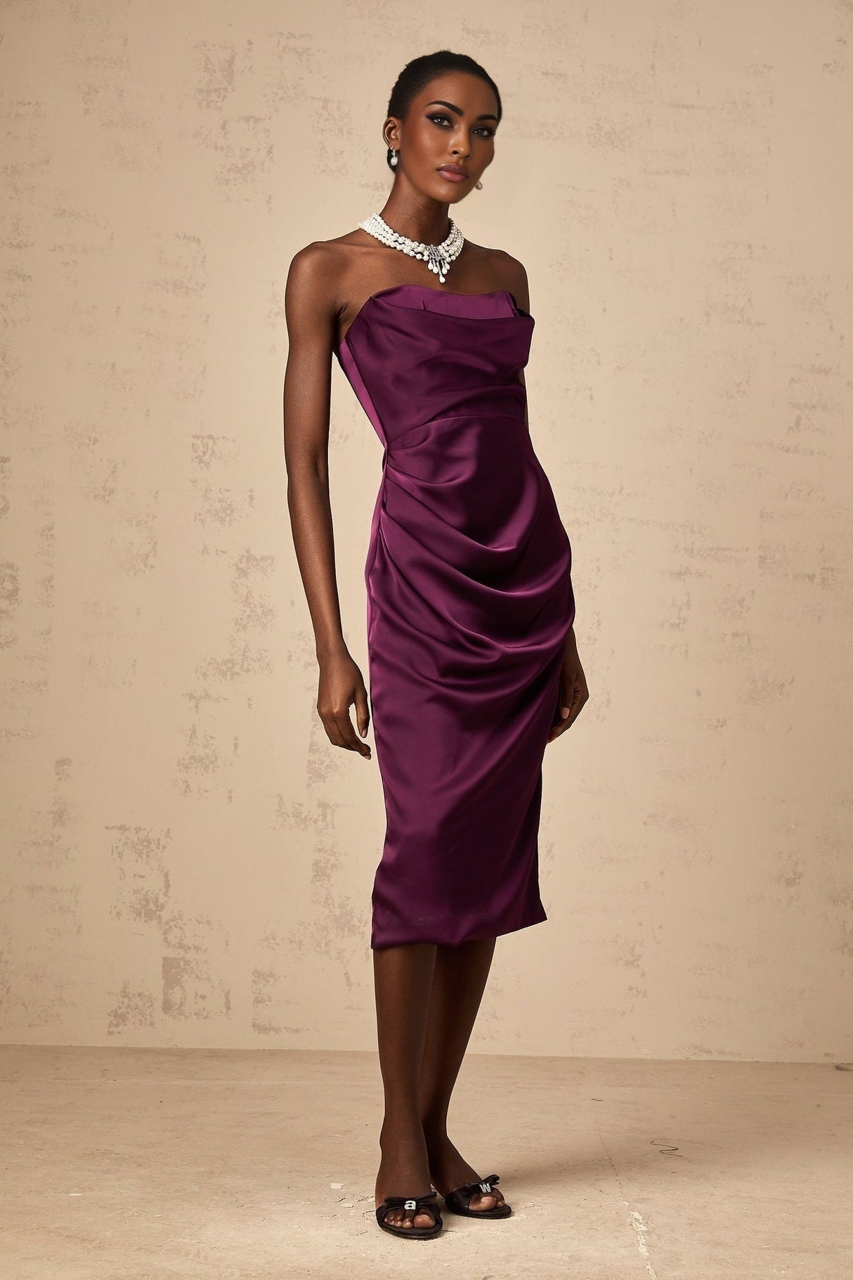 Massimiliana Midi Dress Purple Satin Ruched Off - Shoulder Cut - Out Slit Zip Knee - Length