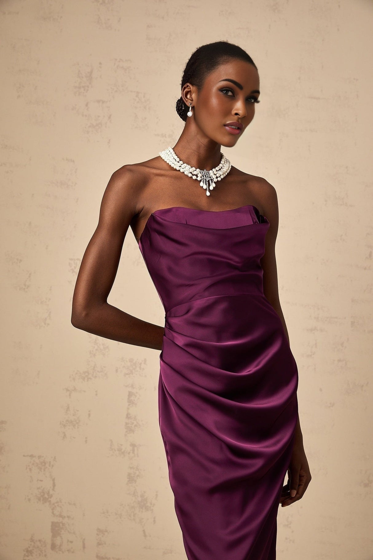 Massimiliana Midi Dress Purple Satin Ruched Off - Shoulder Cut - Out Slit Zip Knee - Length