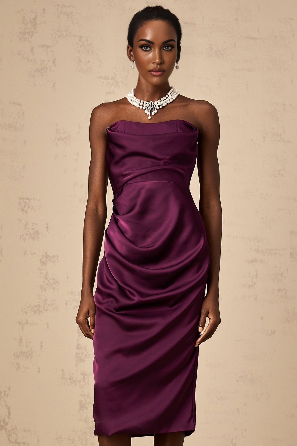 Massimiliana Midi Dress Purple Satin Ruched Off - Shoulder Cut - Out Slit Zip Knee - Length