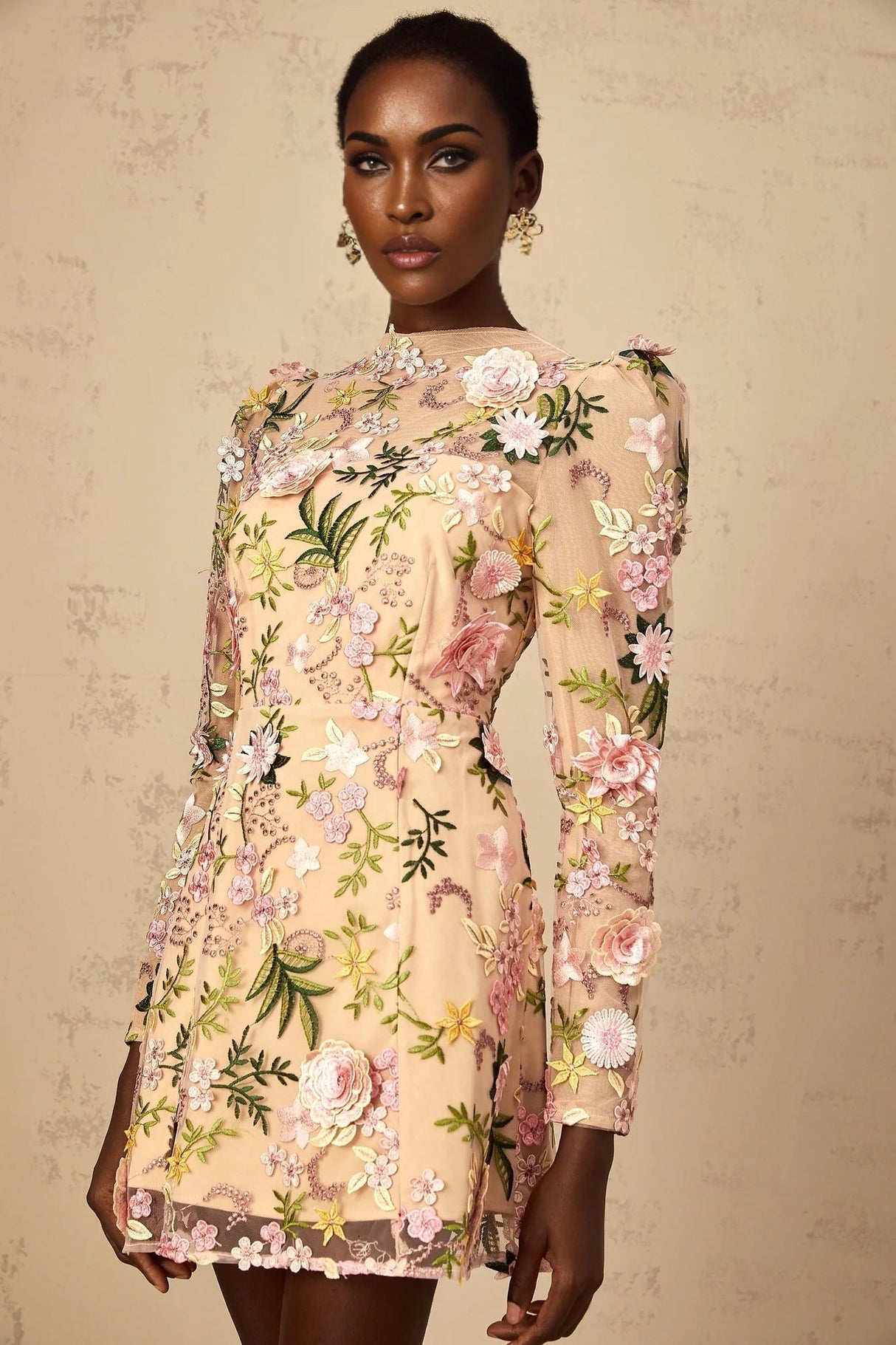 Massimiliana Mini Dress Floral Tulle Appliqu & Metallic Trim