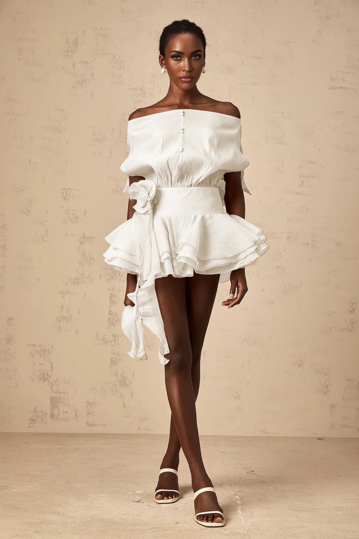 Massimiliana Mini Dress White Floral Appliqu & Flounce Hems