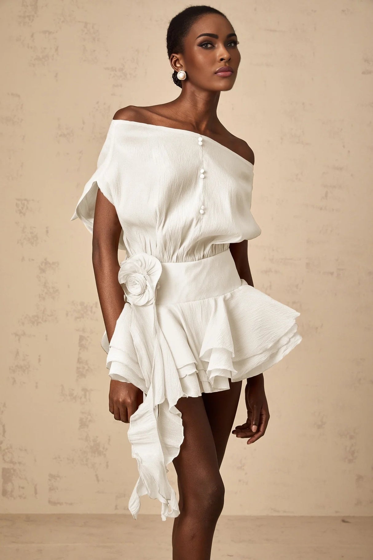 Massimiliana Mini Dress White Floral Appliqu & Flounce Hems