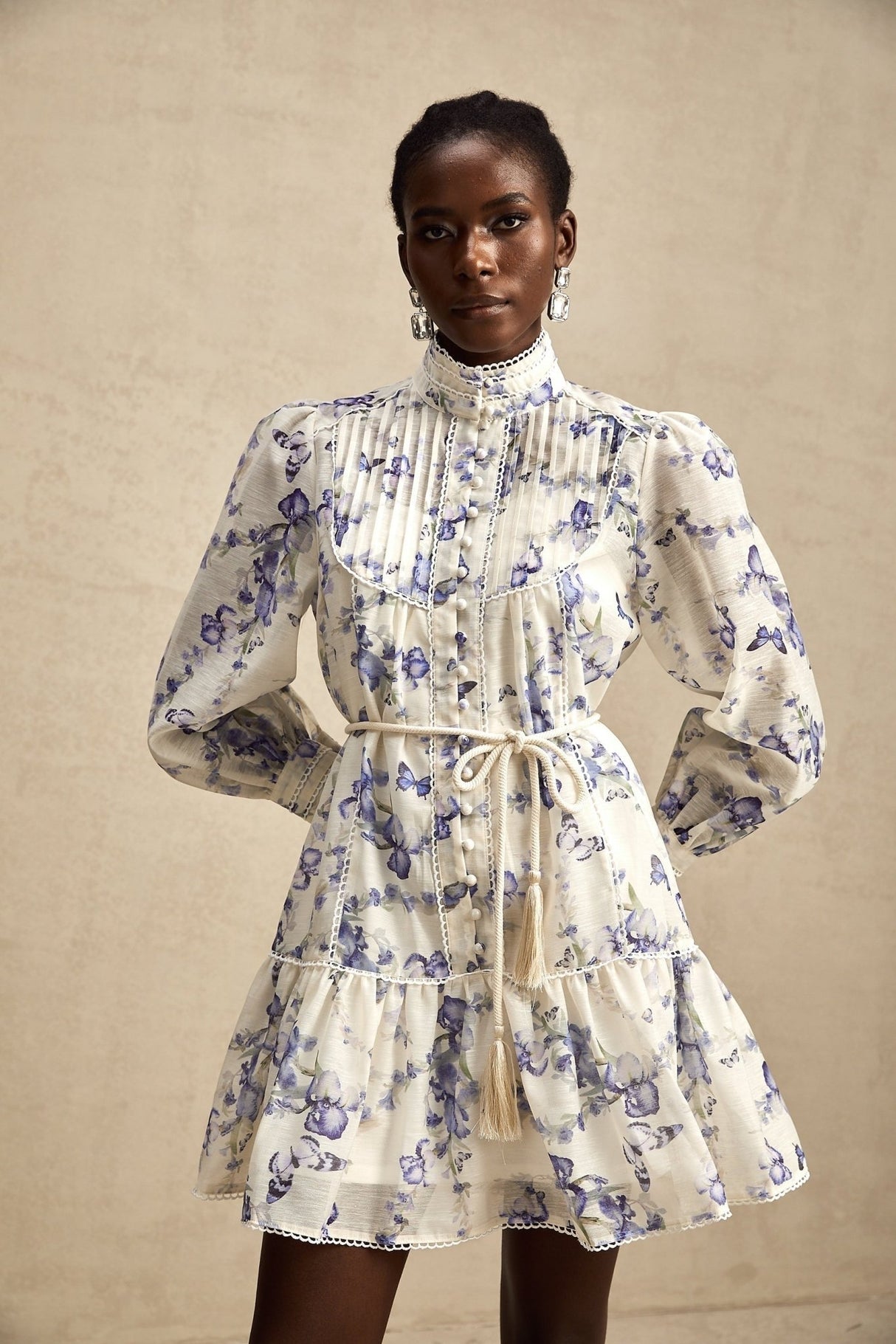 Matilde Mini Dress Blue White Floral Ruffled Scallop Belted