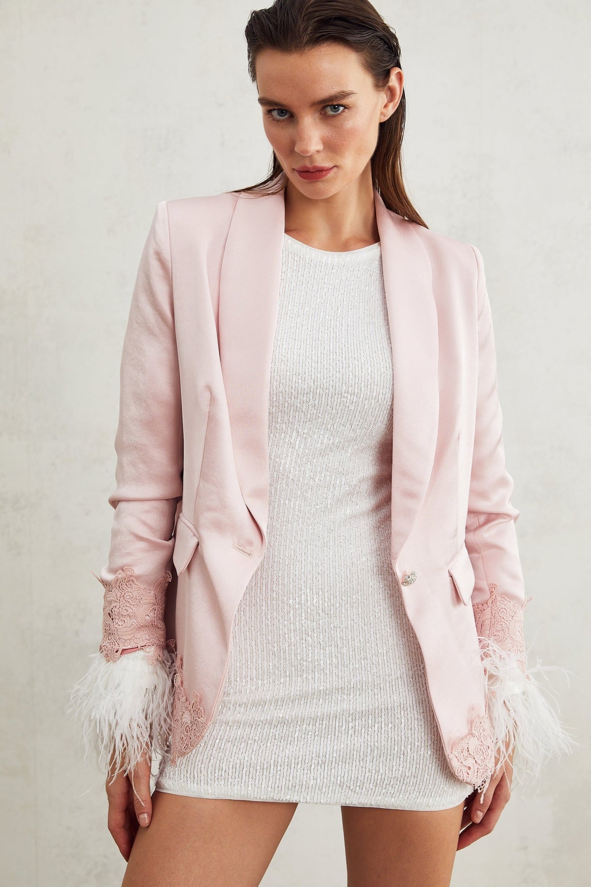 Mattea Jacket Mattea Satin Pink Lacedetail Shoulder Pad Faux Pocket