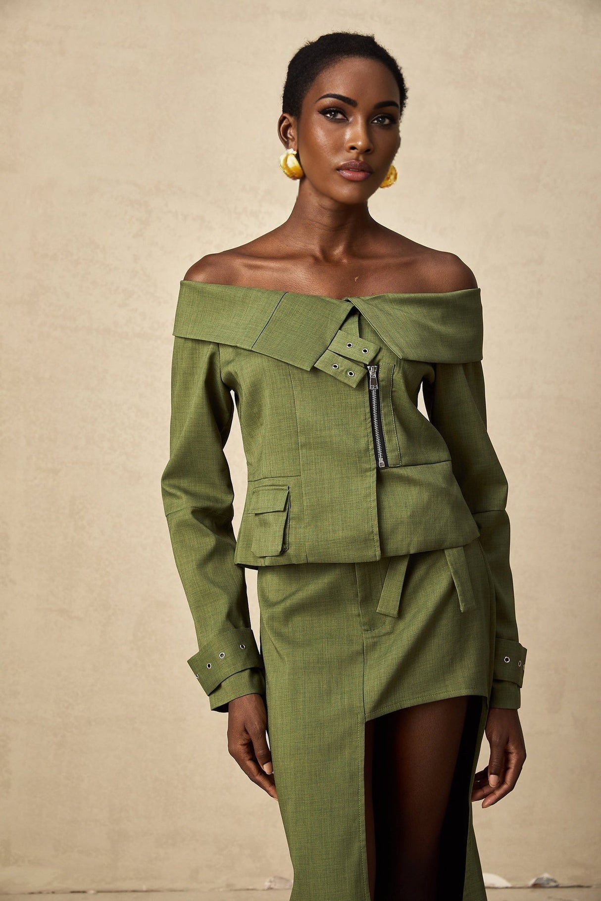 Mattea Jacket & Skirt Green Asymmetric Matching Set